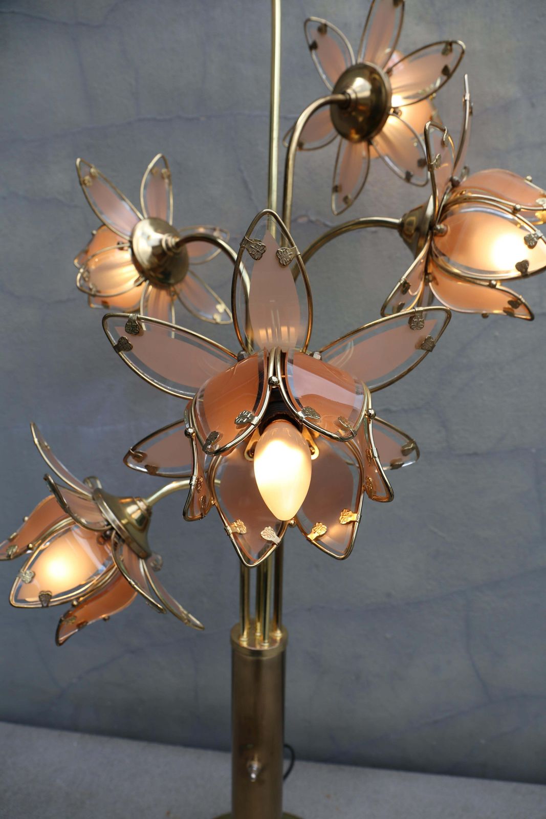 Lighting Hollywood Regency Glass And Brass 6 Arm Tulip Lotus Lamp 1970s photo