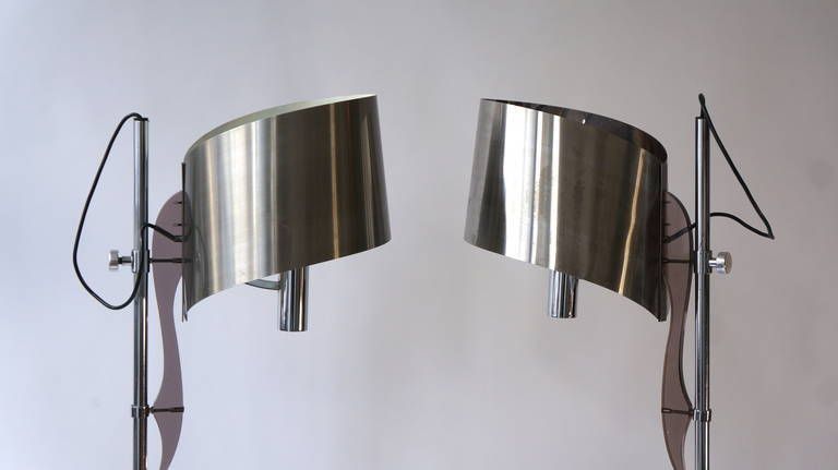 Pair Of Maison Charles Floor Lamps With Curved Stainless Shades photo for sale