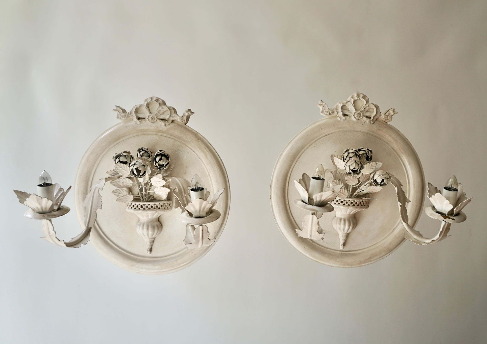 Pair Of Vintage Italian White Painted Metal Candle Wall Sconces photo for sale