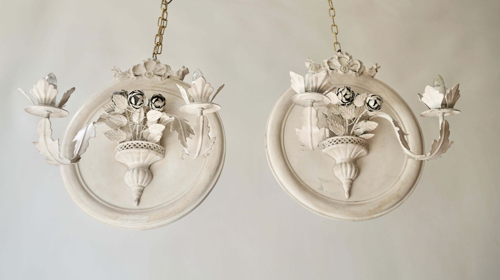 Pair Of Vintage Italian White Painted Metal Candle Wall Sconces photo Home Decor
