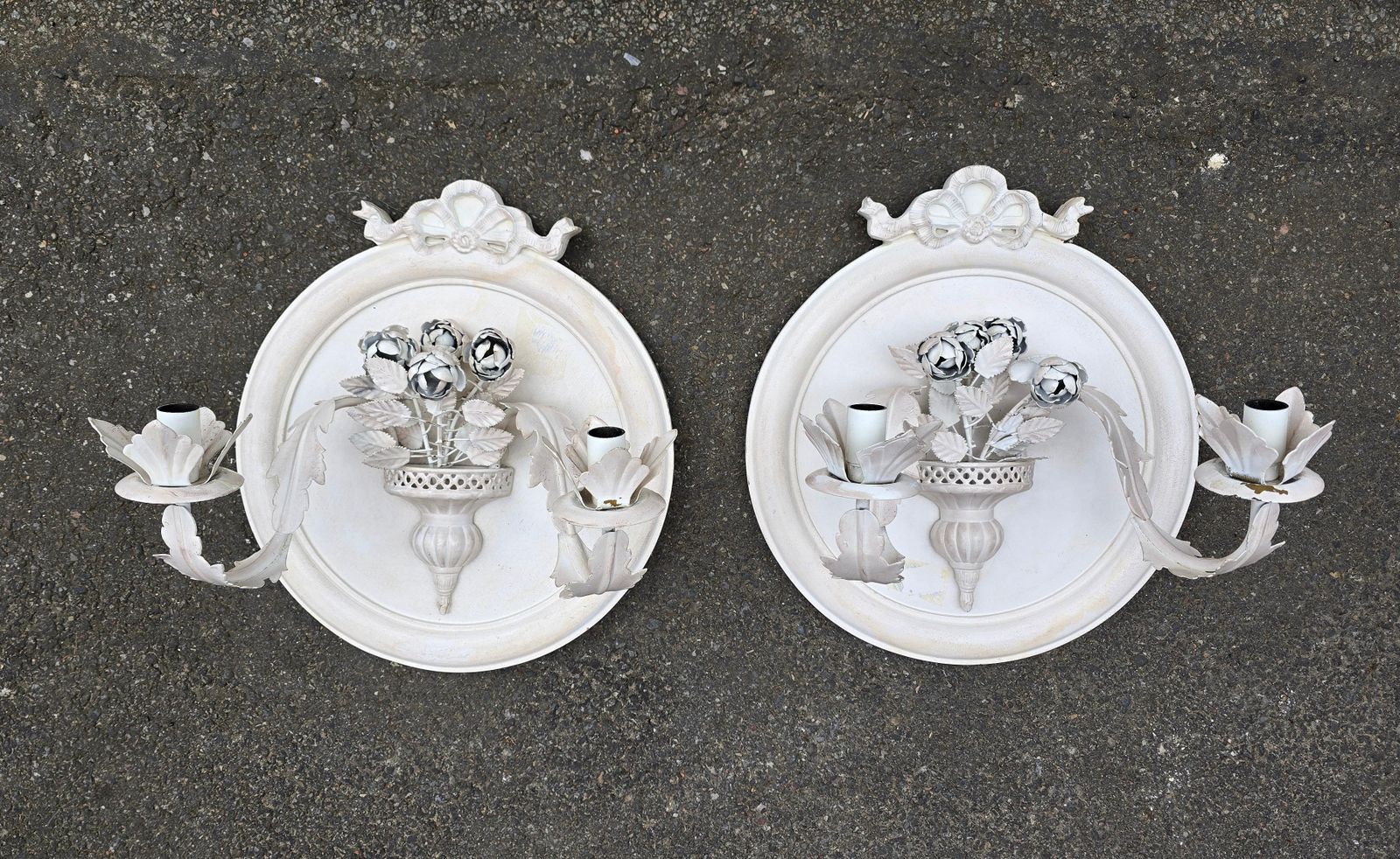 Pair Of Vintage Italian White Painted Metal Candle Wall Sconces photo vintage