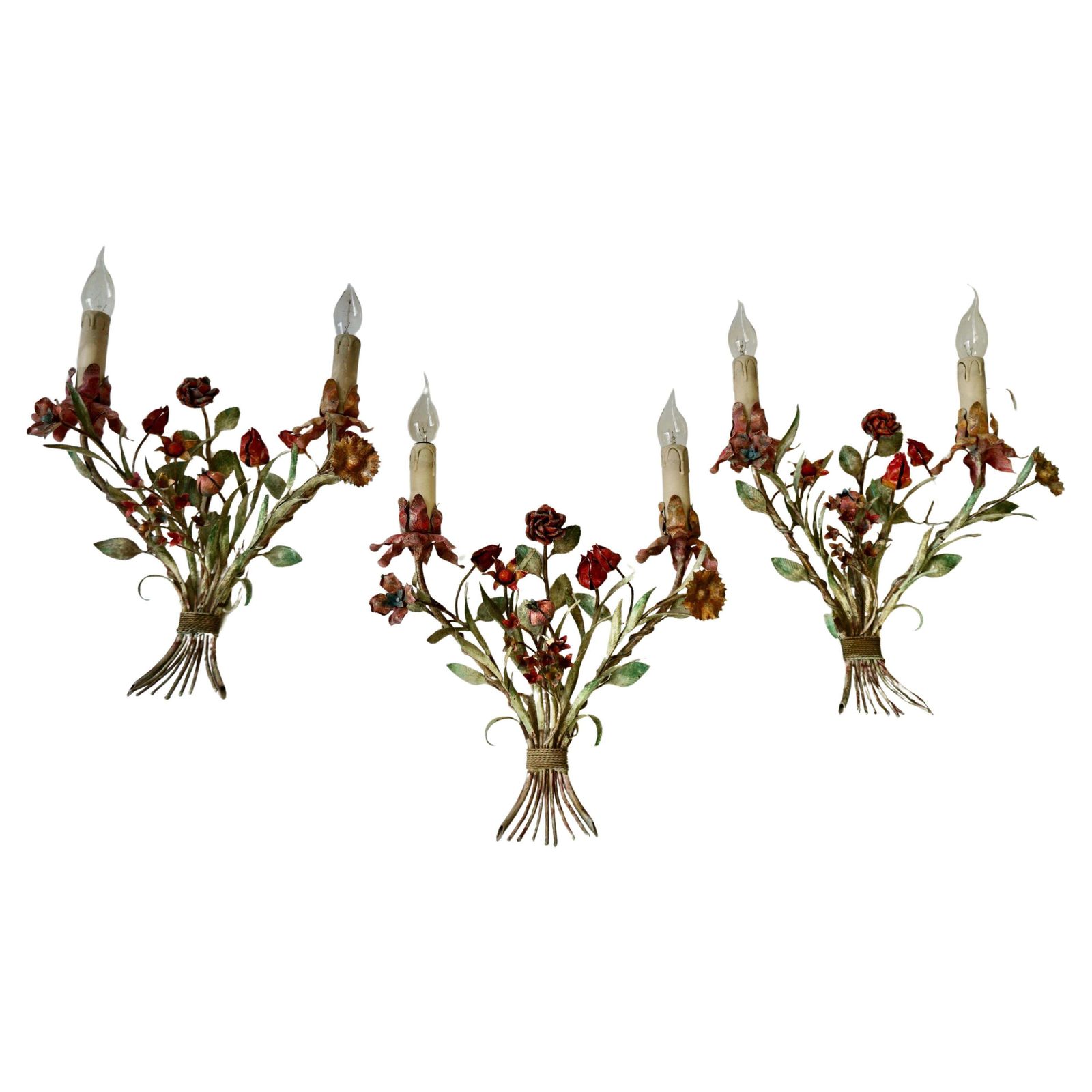 Three Metal Tole Colorful Painted Romantic Roses Flowers Bouquet Wall Lamp Italy