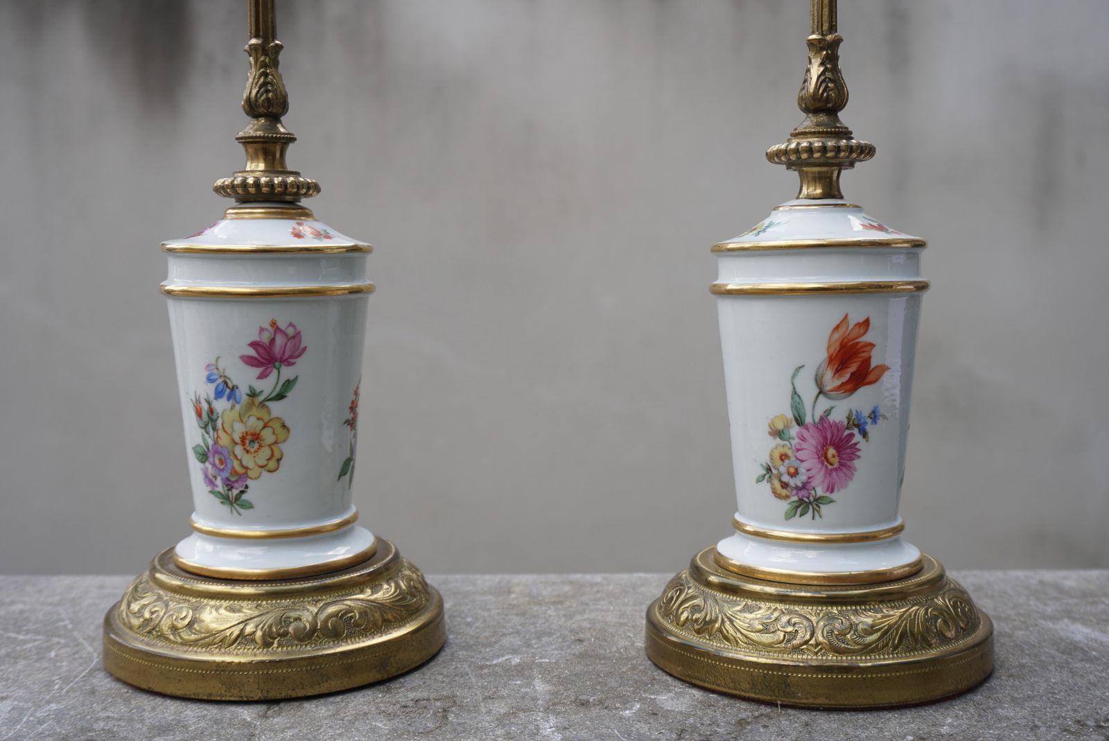 A Pair Of French Porcelain And Brass Floral Lamps photo furniture