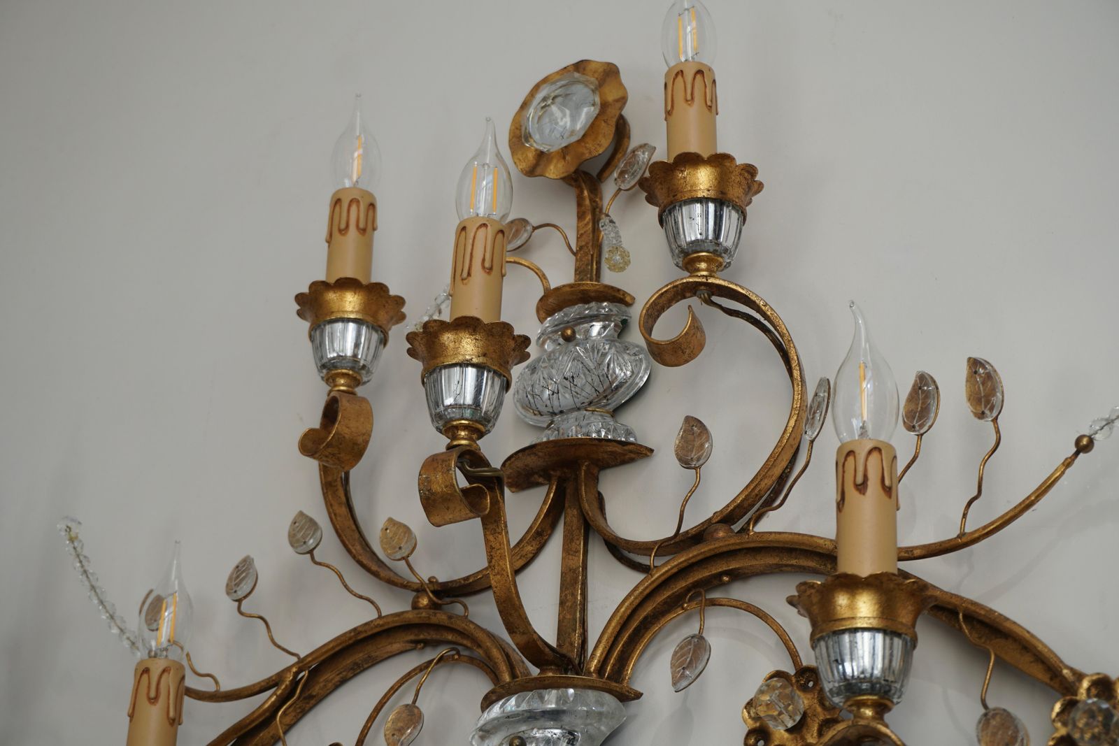 photo for sale Gilded Metal Leaf And Glass Flower Wall Sconce Light Fixture