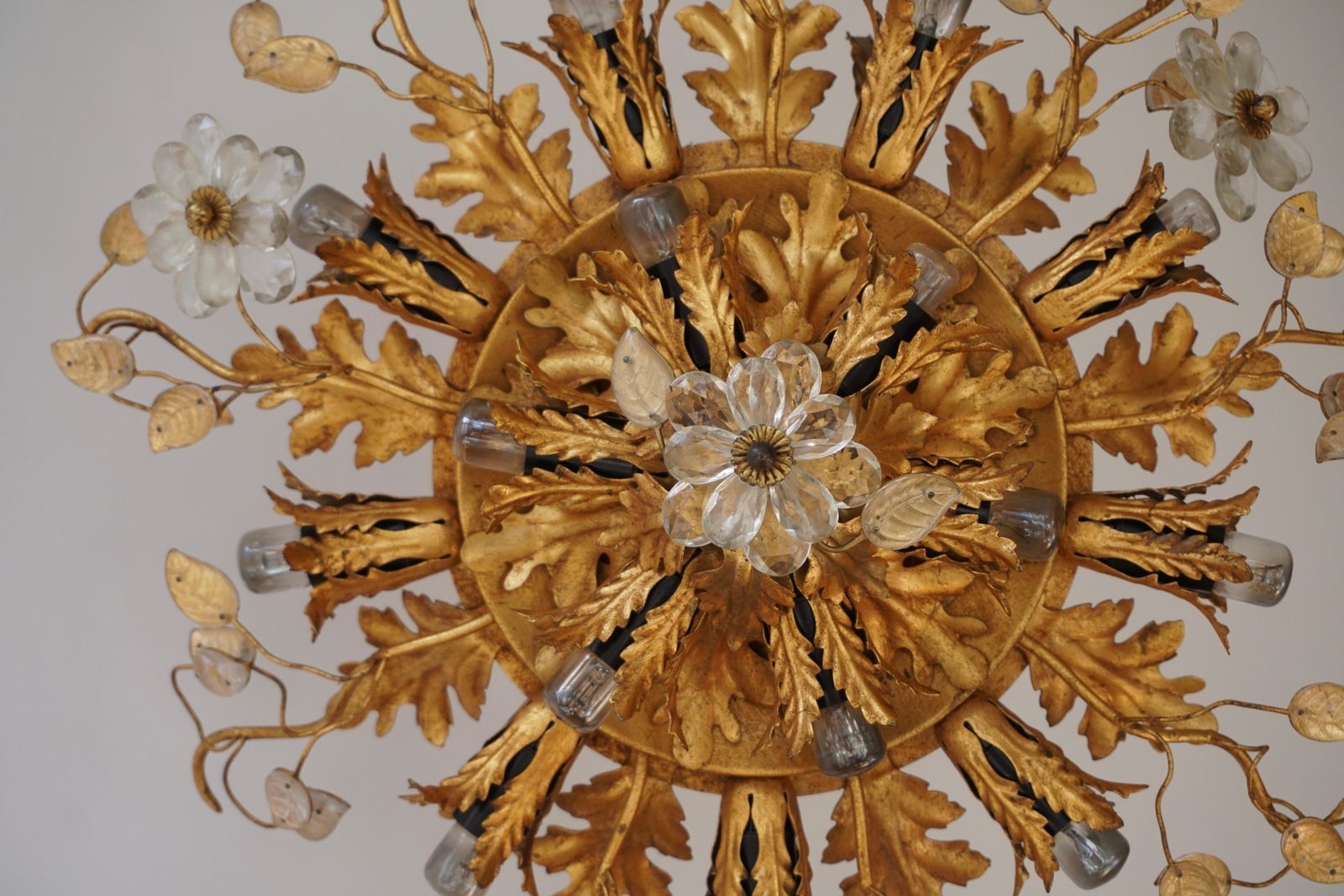 Gilt Metal Leaf Sunburst Flush Mount Lamp With Glass Flowers, Italy, 1960s photo for sale