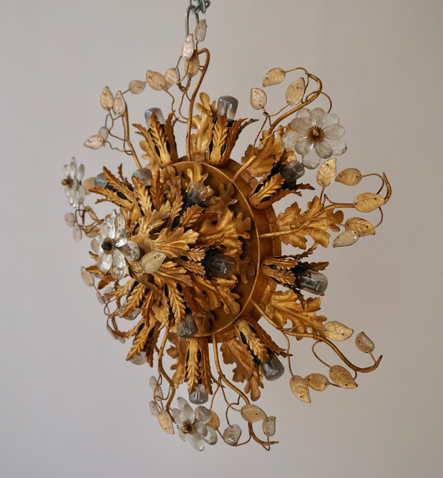 Gilt Metal Leaf Sunburst Flush Mount Lamp With Glass Flowers, Italy, 1960s photo Lighting