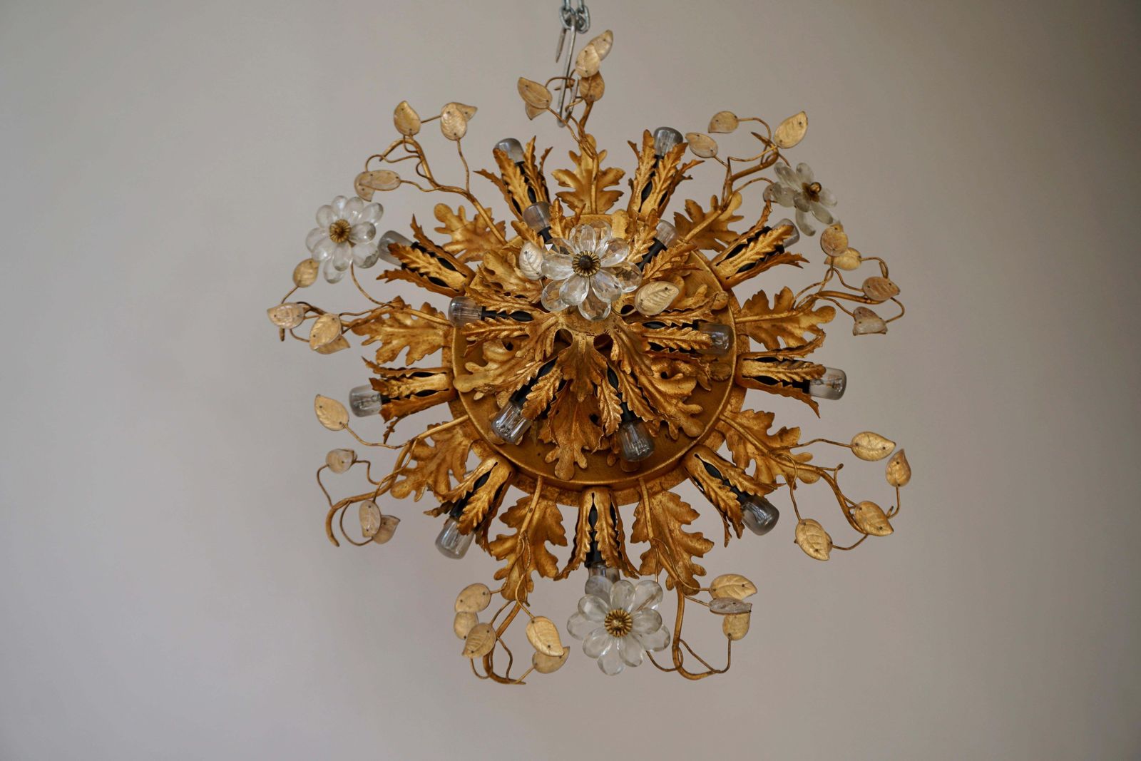 Gilt Metal Leaf Sunburst Flush Mount Lamp With Glass Flowers, Italy, 1960s photo vinterior