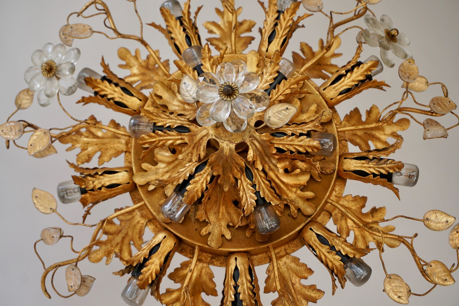 Gilt Metal Leaf Sunburst Flush Mount Lamp With Glass Flowers, Italy, 1960s photo buy