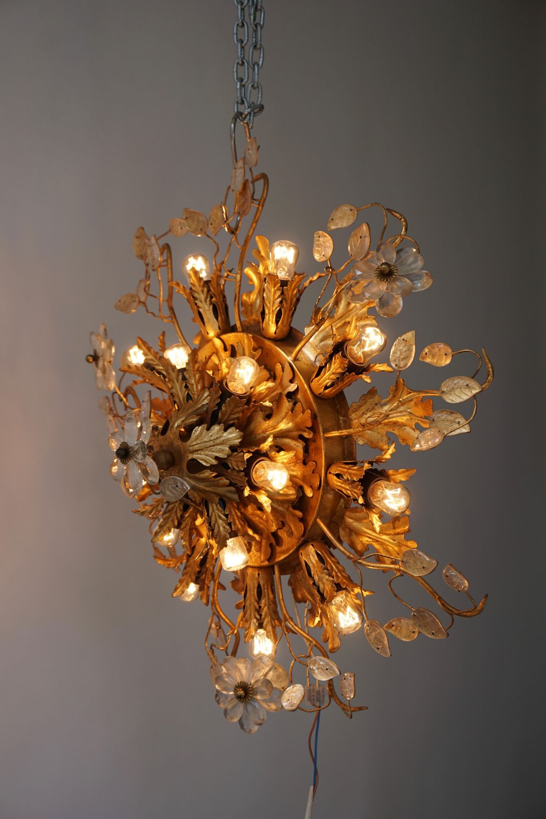 photo furniture Gilt Metal Leaf Sunburst Flush Mount Lamp With Glass Flowers, Italy, 1960s