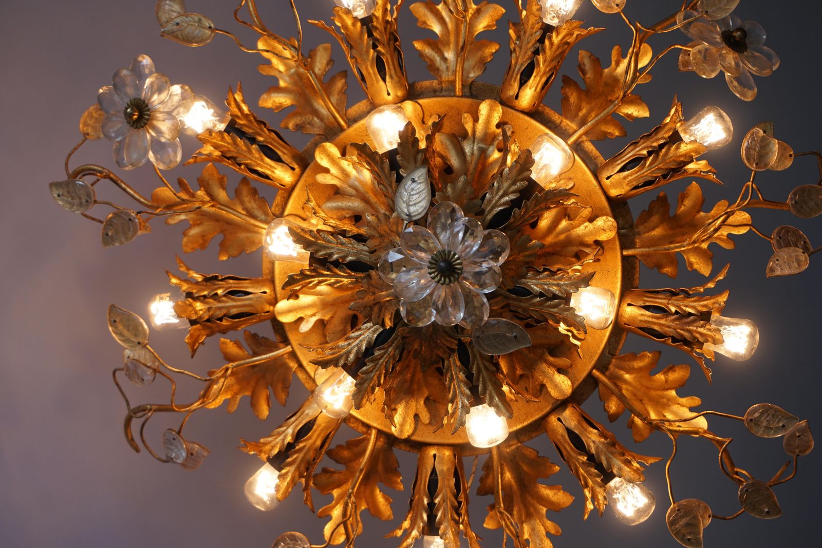Lighting Gilt Metal Leaf Sunburst Flush Mount Lamp With Glass Flowers, Italy, 1960s photo