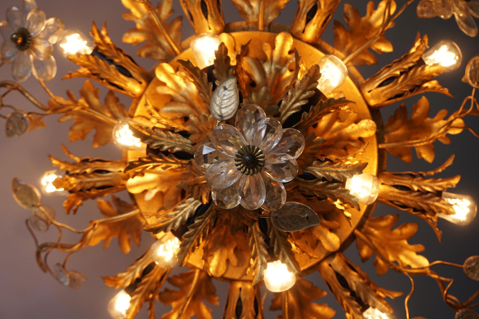 1698.0 Gilt Metal Leaf Sunburst Flush Mount Lamp With Glass Flowers, Italy, 1960s photo