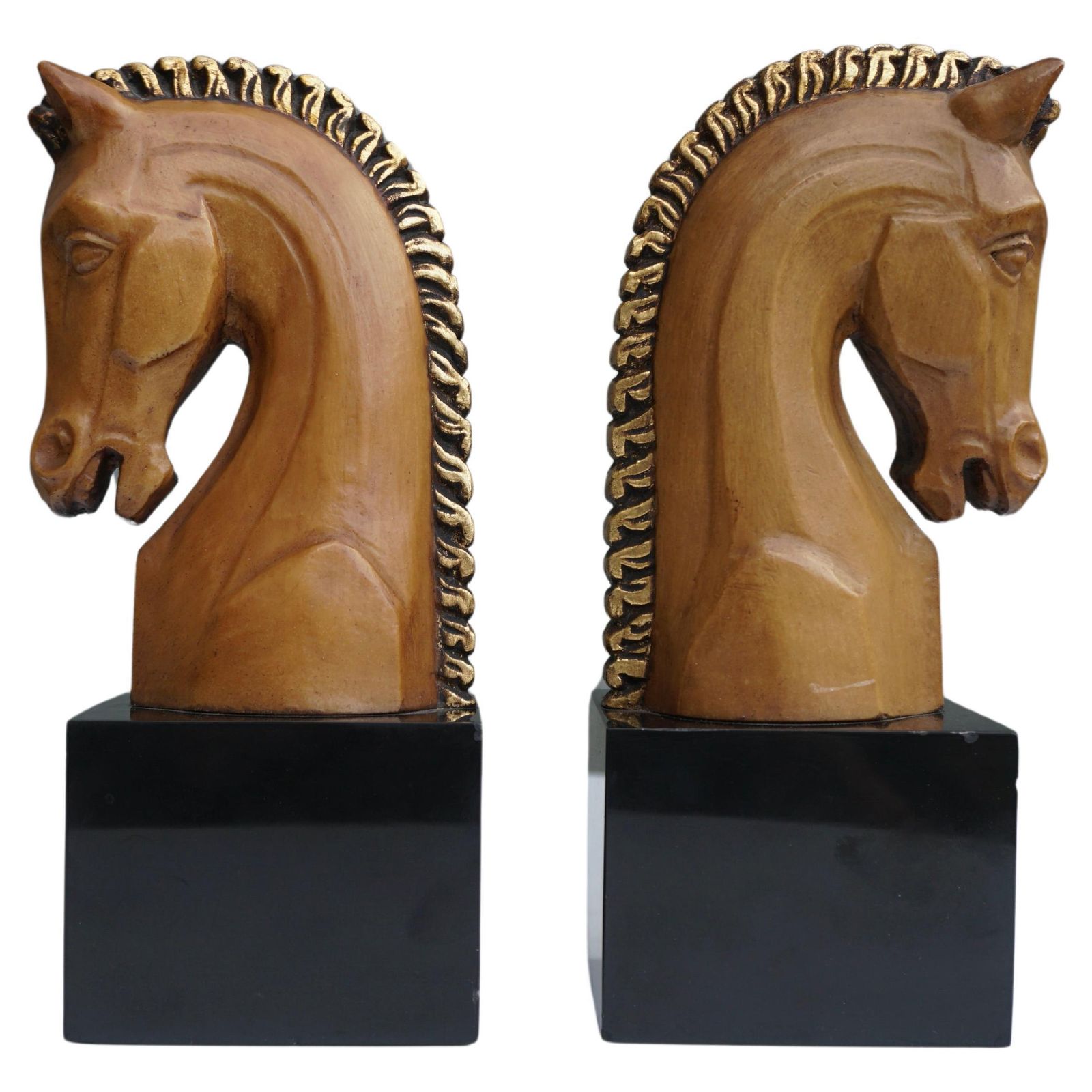 Pair Of Midcentury Marble And Wooden Horse Head Bookends