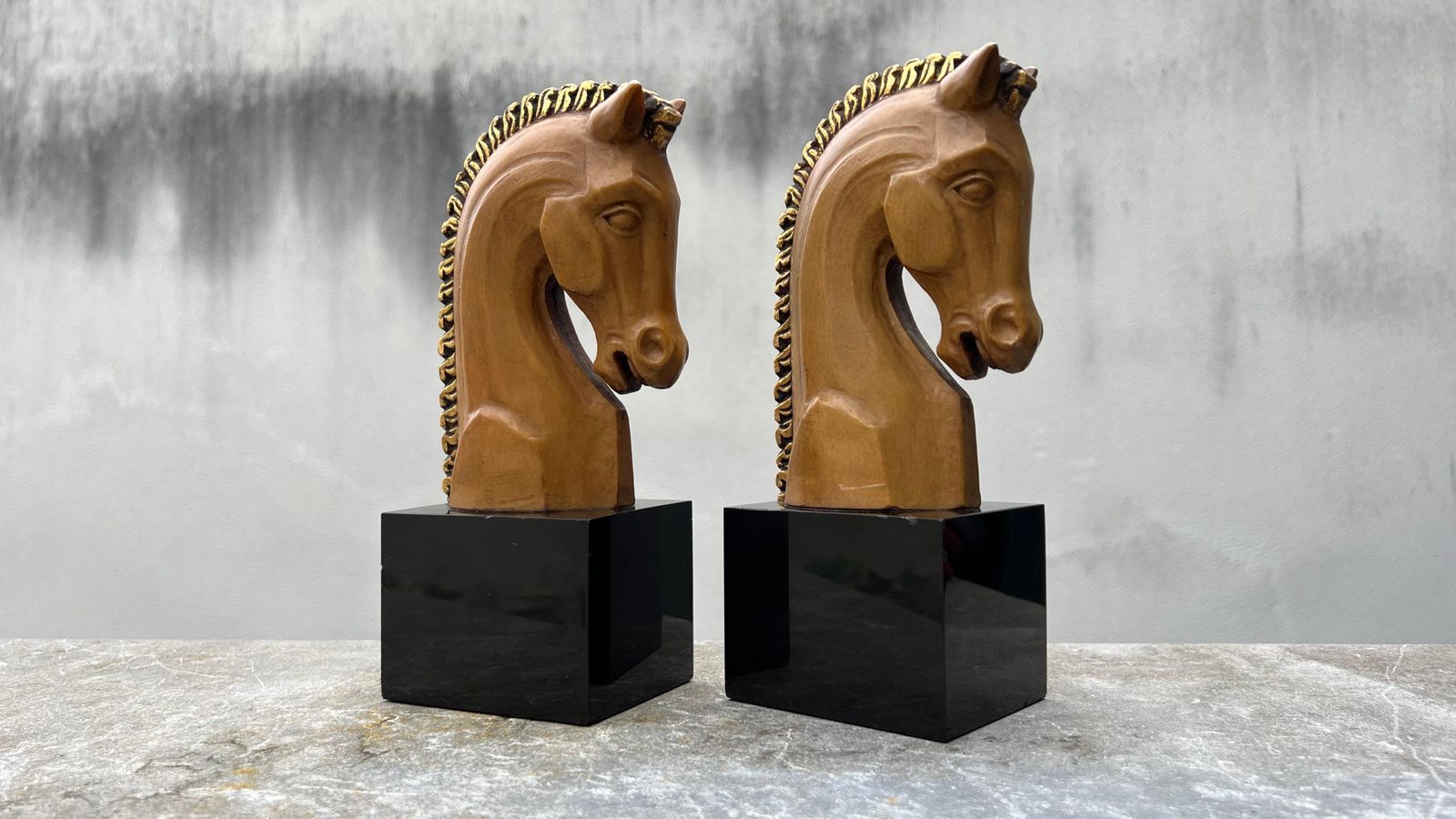 Pair Of Midcentury Marble And Wooden Horse Head Bookends photo buy