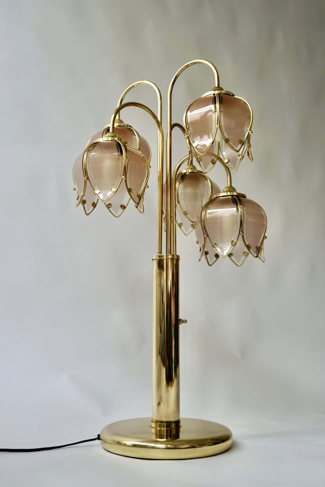 photo buy Hollywood Regency Glass And Brass 5 Arm Tulip Lotus Lamp 1970s