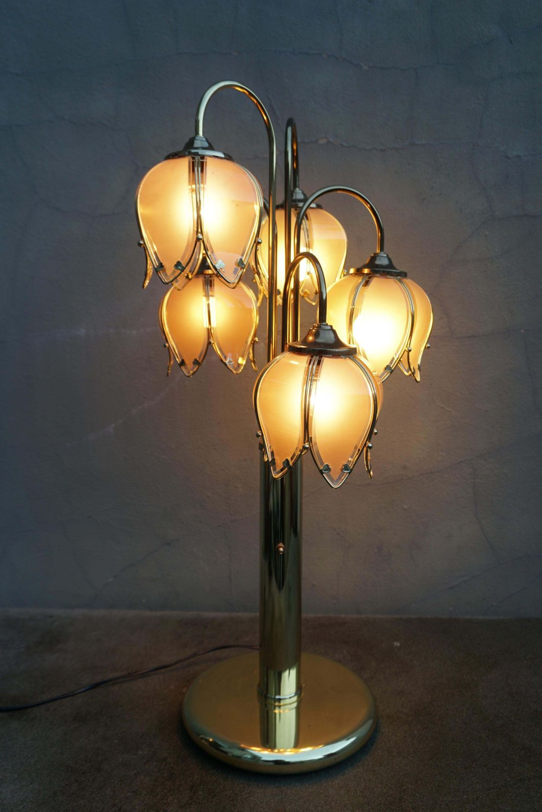 Mid Century Modern Glass And Brass 5 Arm Lotus Lamp 1970s photo vinterior