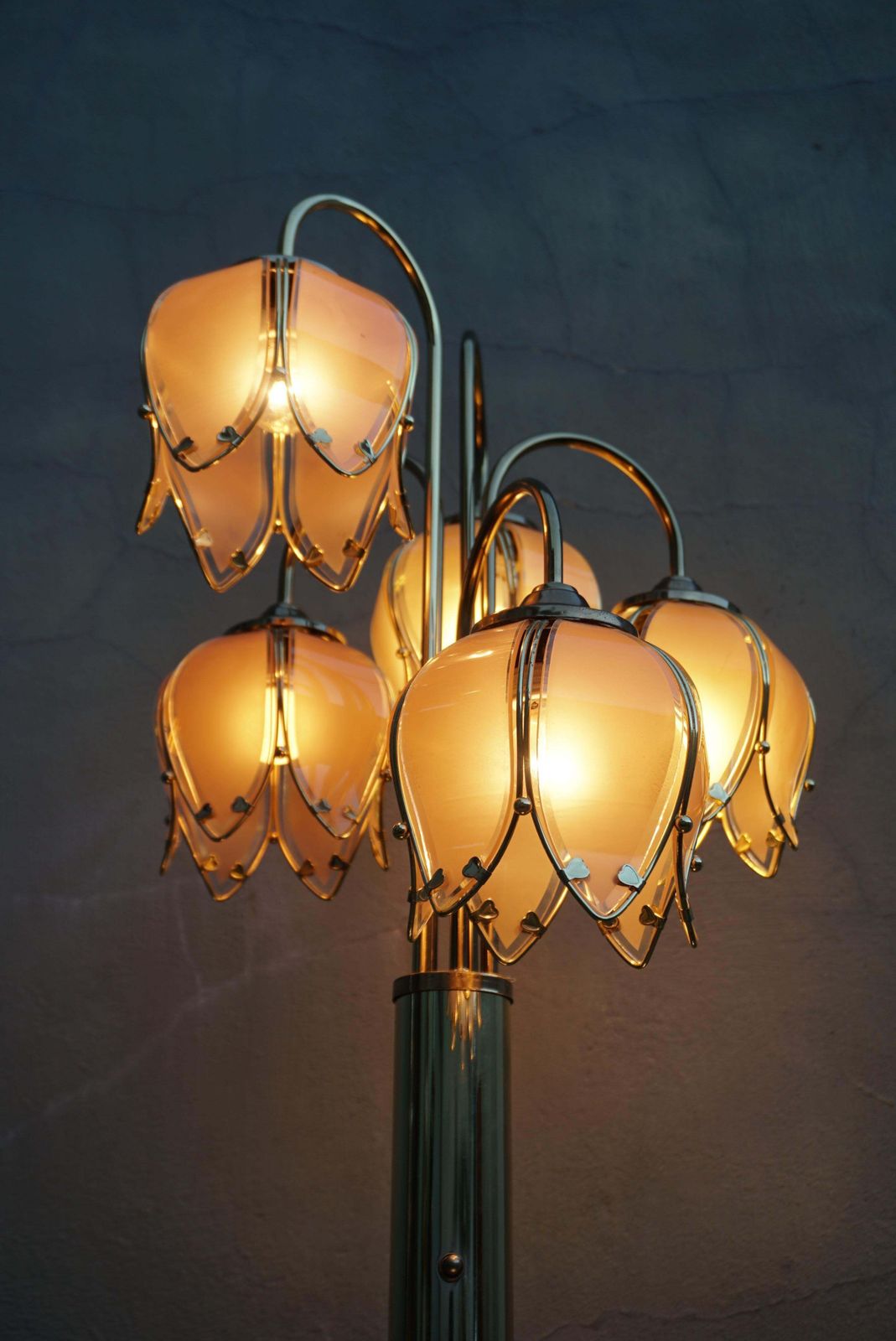 photo for sale Mid Century Modern Glass And Brass 5 Arm Lotus Lamp 1970s