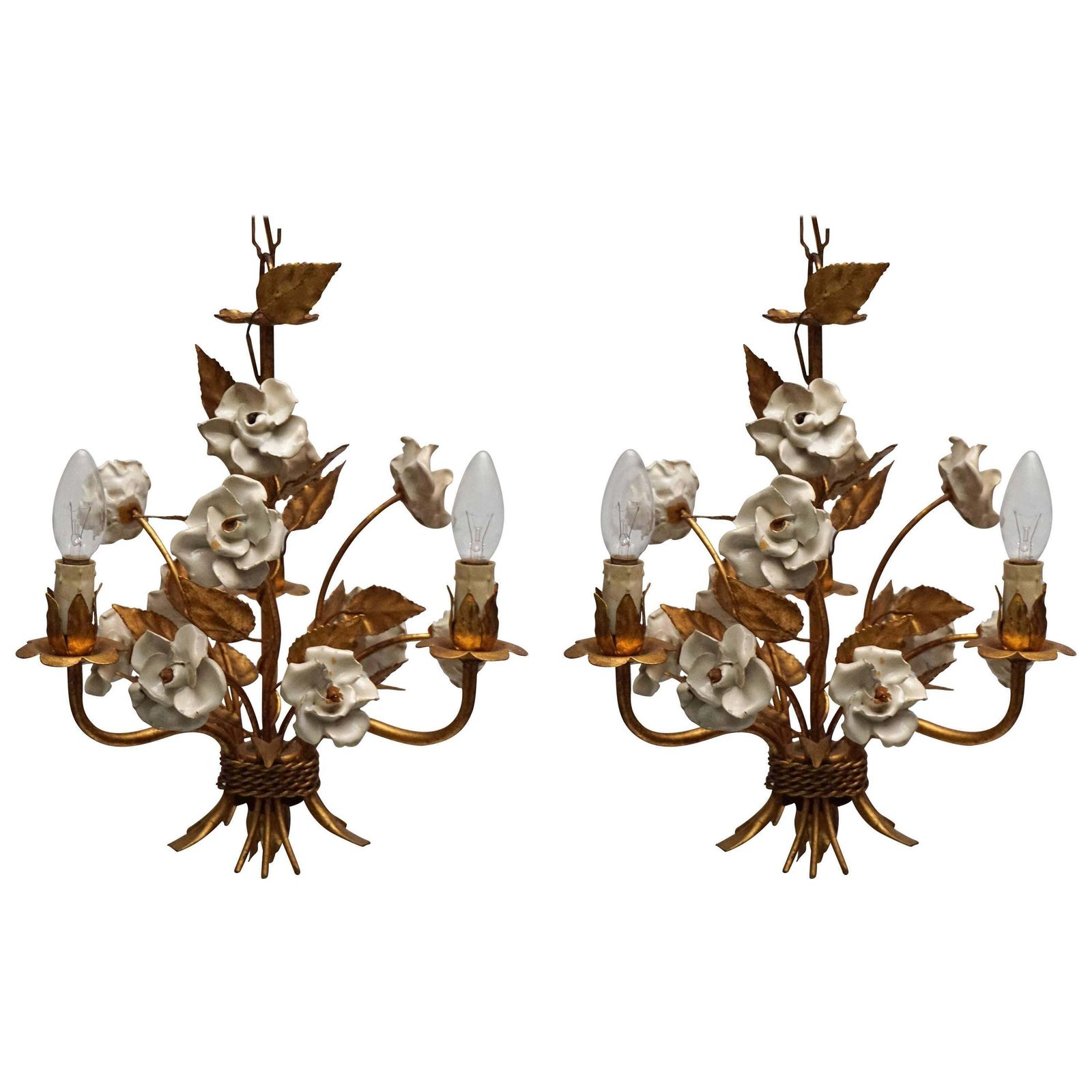 One Of Two French Gilt Metal Chandeliers With Porcelain Flowers