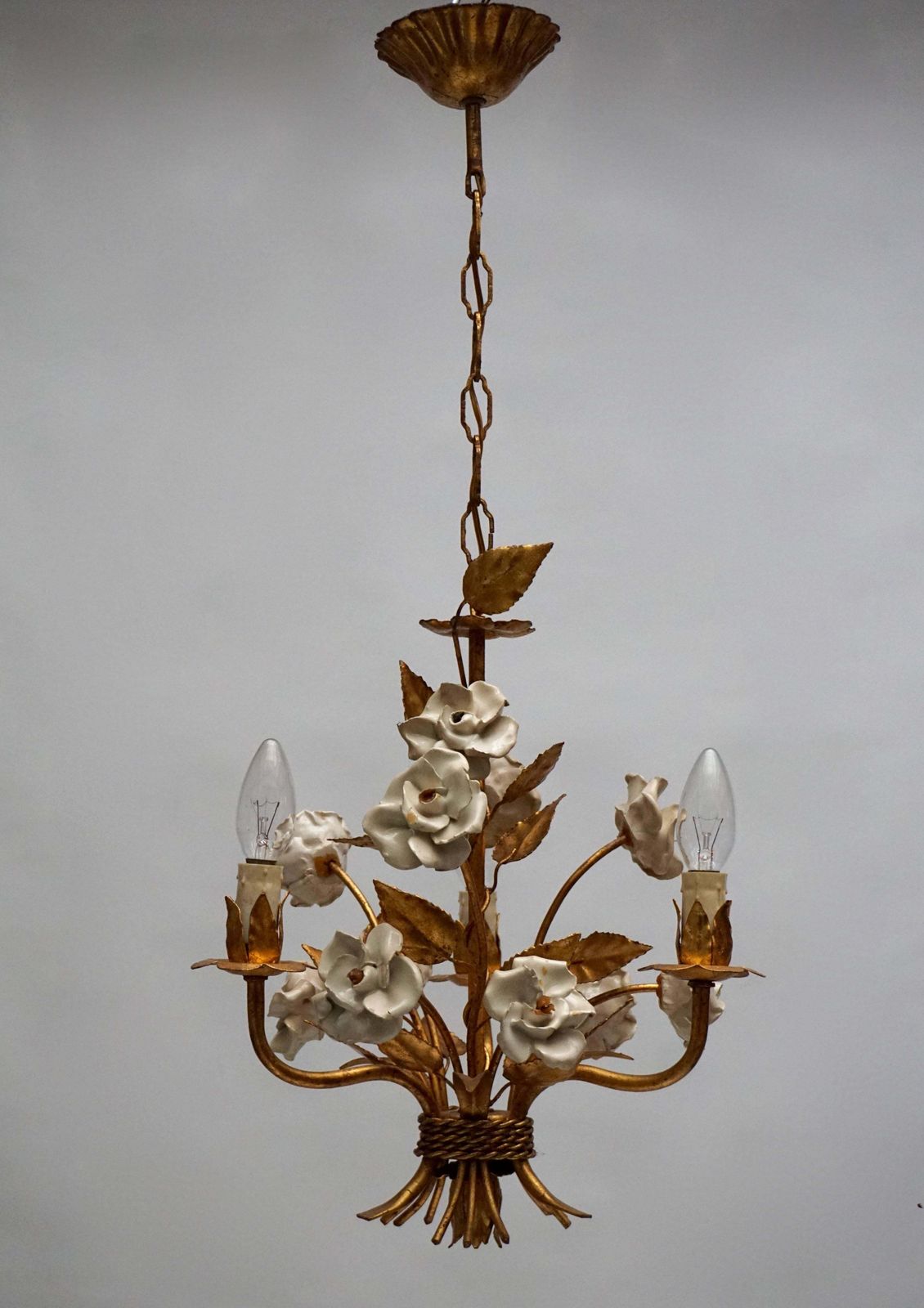 One Of Two French Gilt Metal Chandeliers With Porcelain Flowers photo furniture