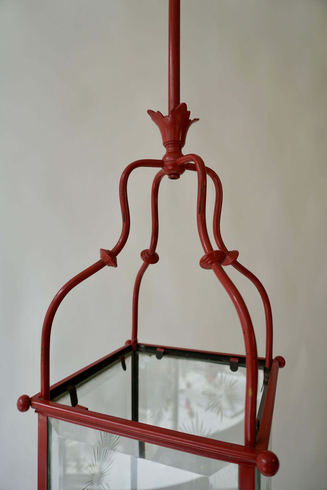 Lighting An Italian Red Tole Metal Lantern With Cut Glass, Early 20th C. photo