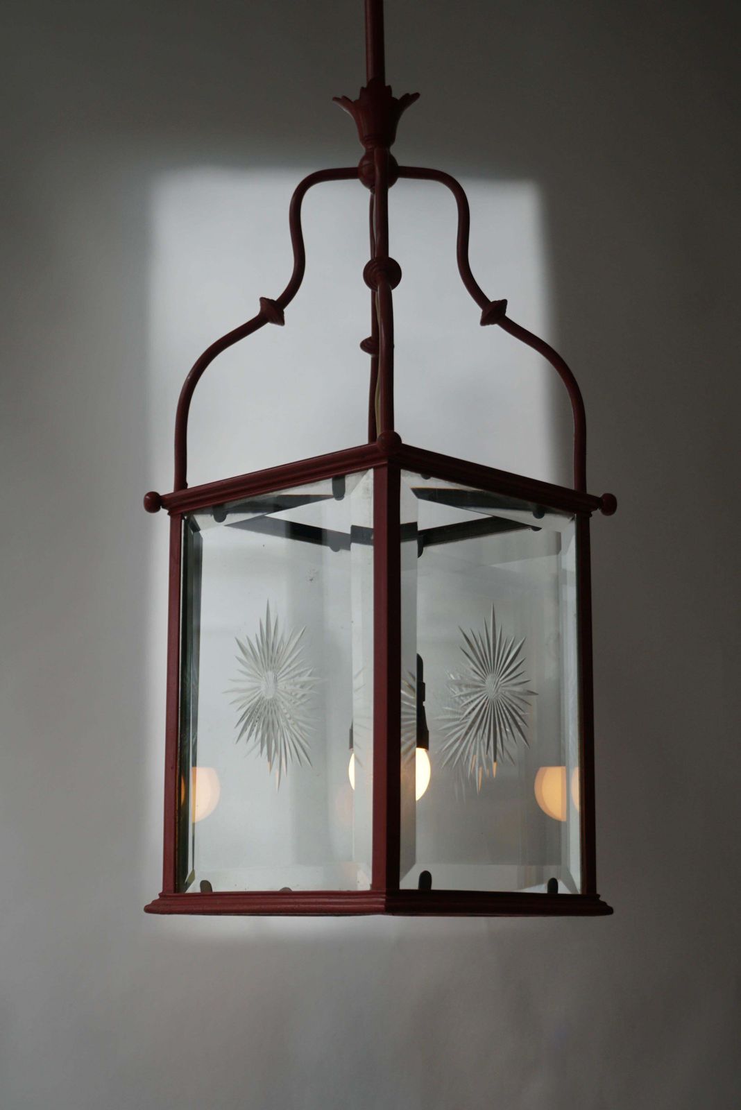 photo buy An Italian Red Tole Metal Lantern With Cut Glass, Early 20th C.