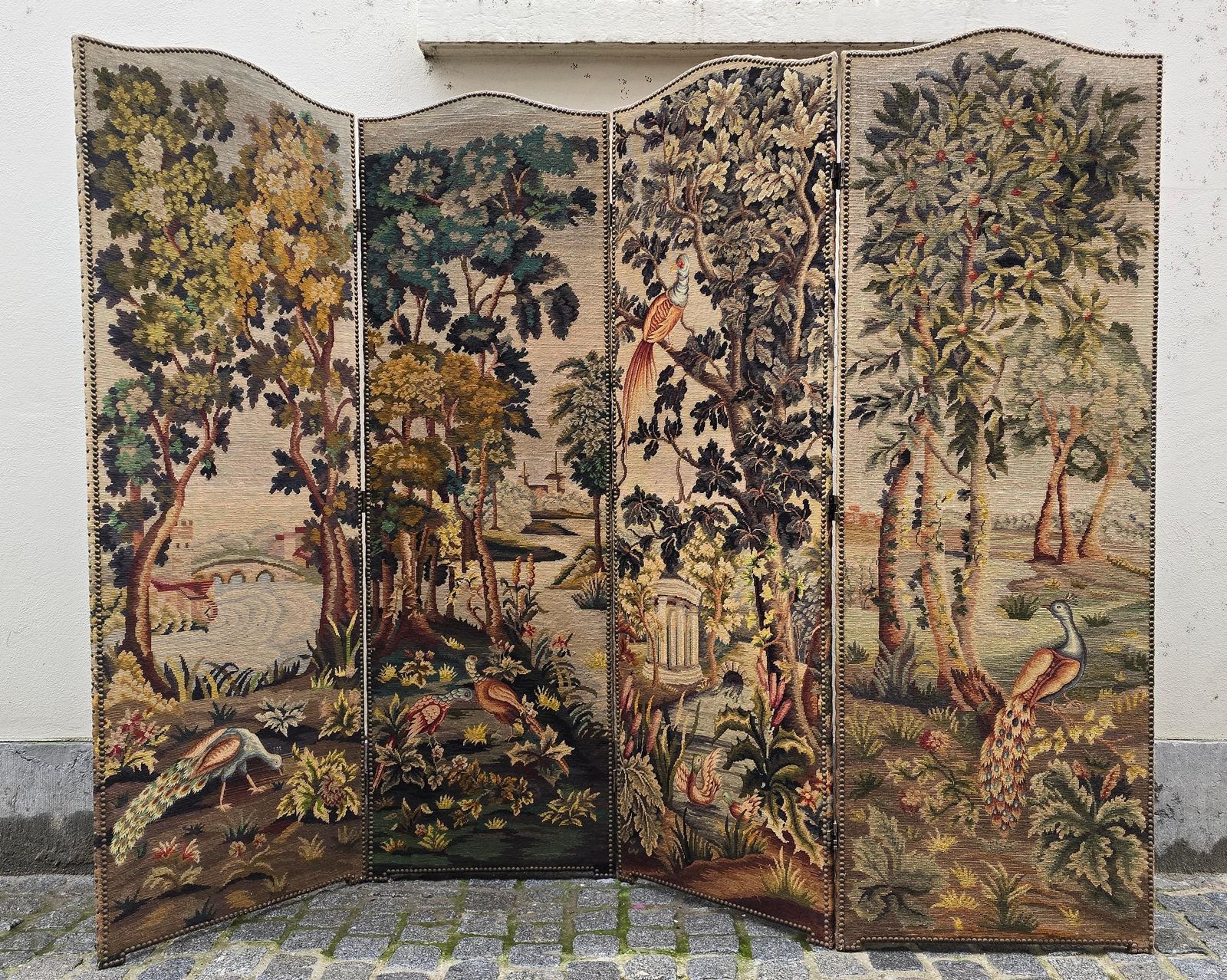 Room Divider With Aubusson Tapestries Featuring Birds And Floral Motifs photo for sale