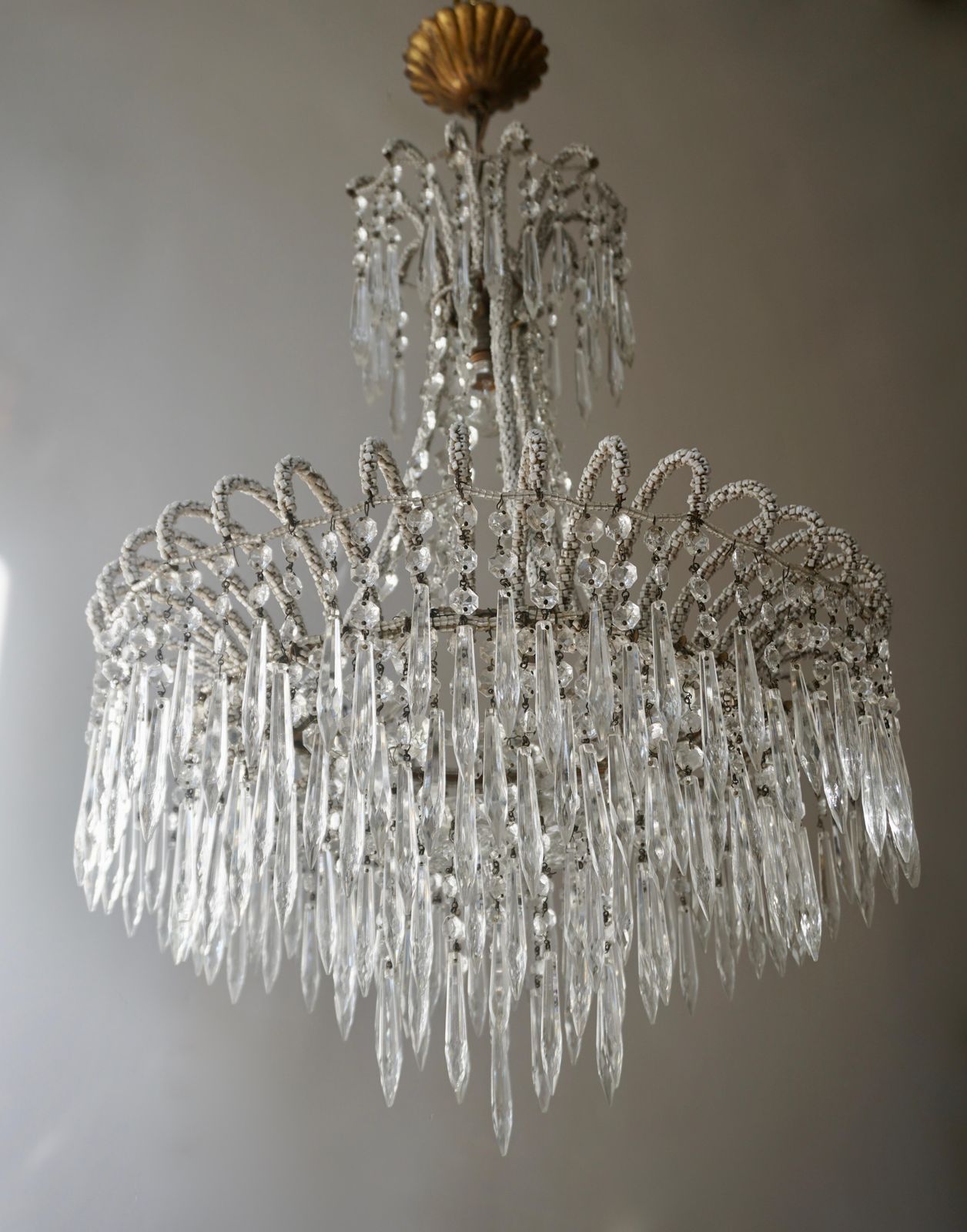 Rare Crystal Waterfall Chandelier Covered With Thousands White Murano Glasses photo for sale
