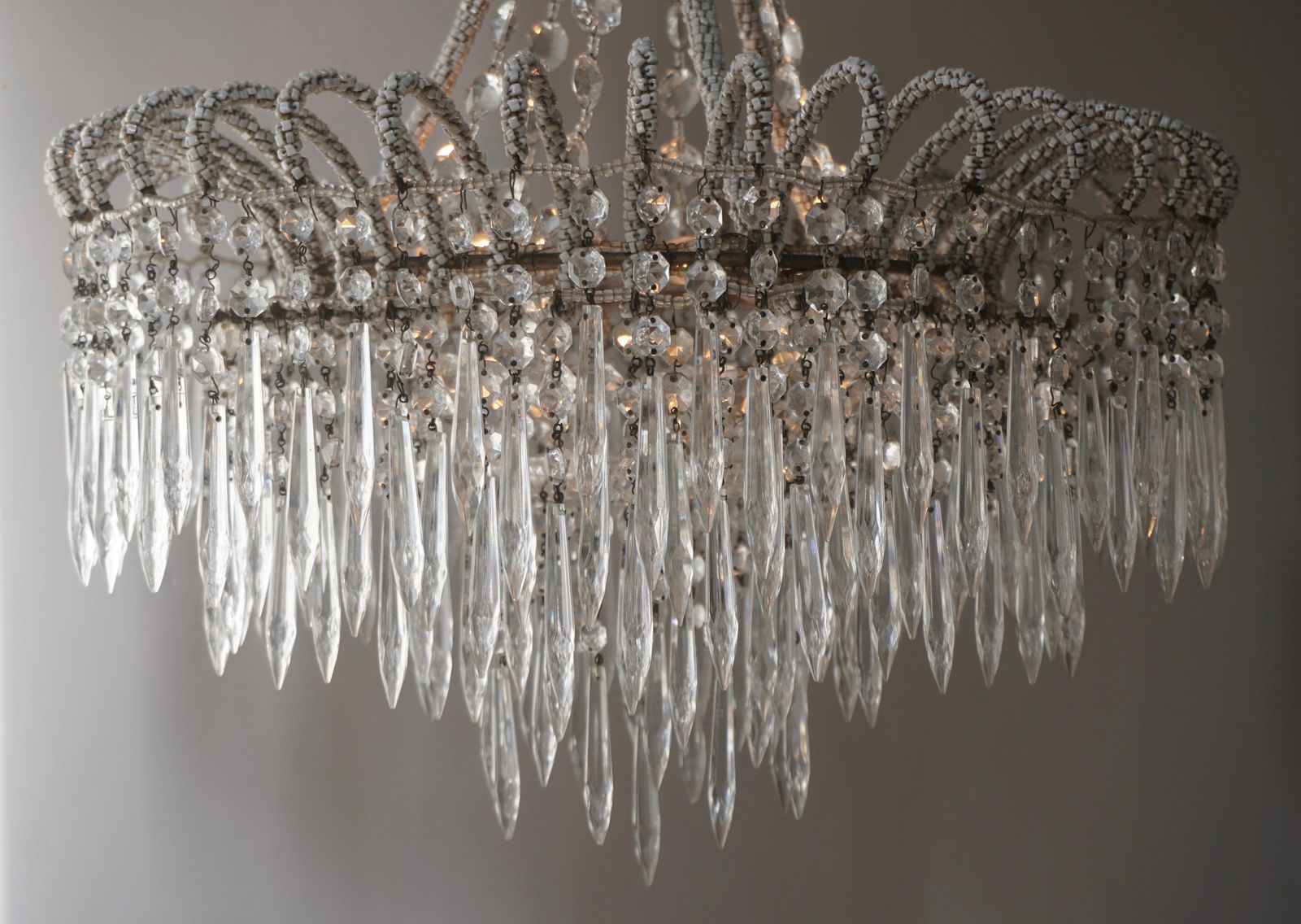 Rare Crystal Waterfall Chandelier Covered With Thousands White Murano Glasses photo vintage