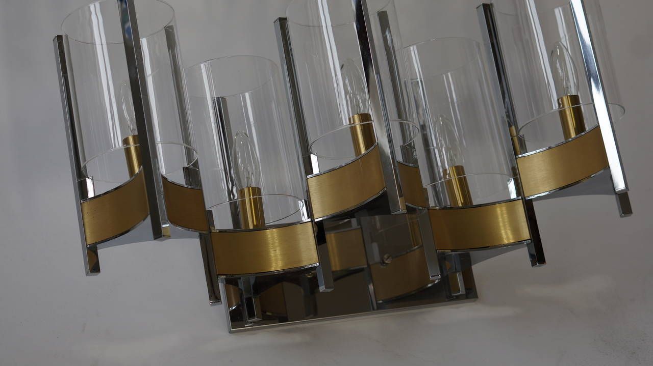 Sciolari Set Of Three Brass, Chrome And Glass Cylinder Sconces, Italy, 1970s photo 1529.0