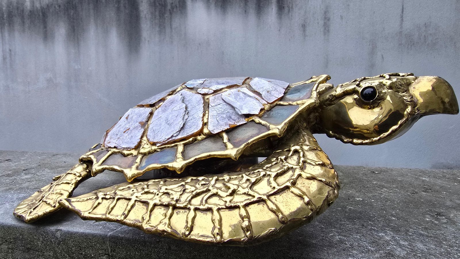 Unique Mid Century Brass And Mother Of Pearl Turtle Wall Lamp photo vinterior