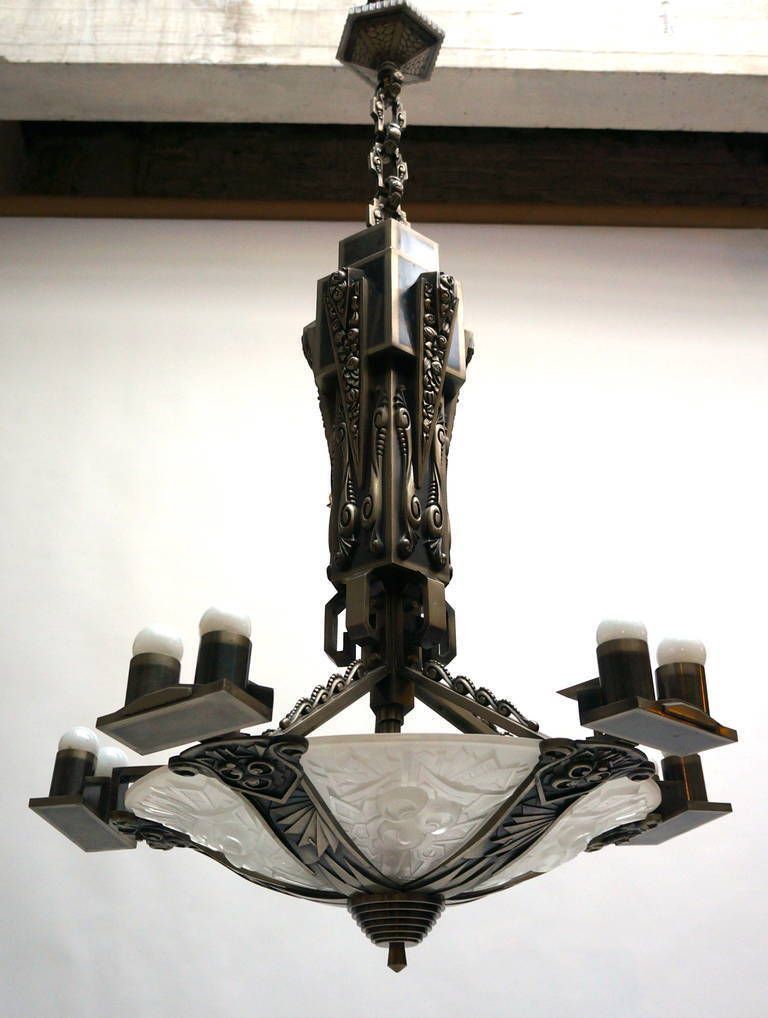 Large Bronze And Art Glass Art Deco Chandelier photo furniture