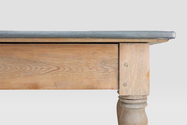 Rustic French Pine Wood Dinner Table With Zinc Top, 1850s photo furniture