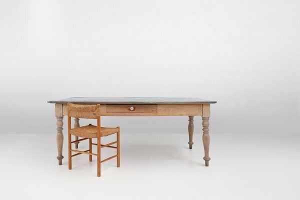 photo vintage Rustic French Pine Wood Dinner Table With Zinc Top, 1850s