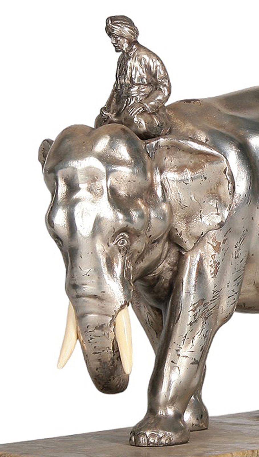 Ealy 20th Century Art Nouveau Silver Tone Metal/Bone Elephant And Rider Sculpture With Stone Base, France photo buy