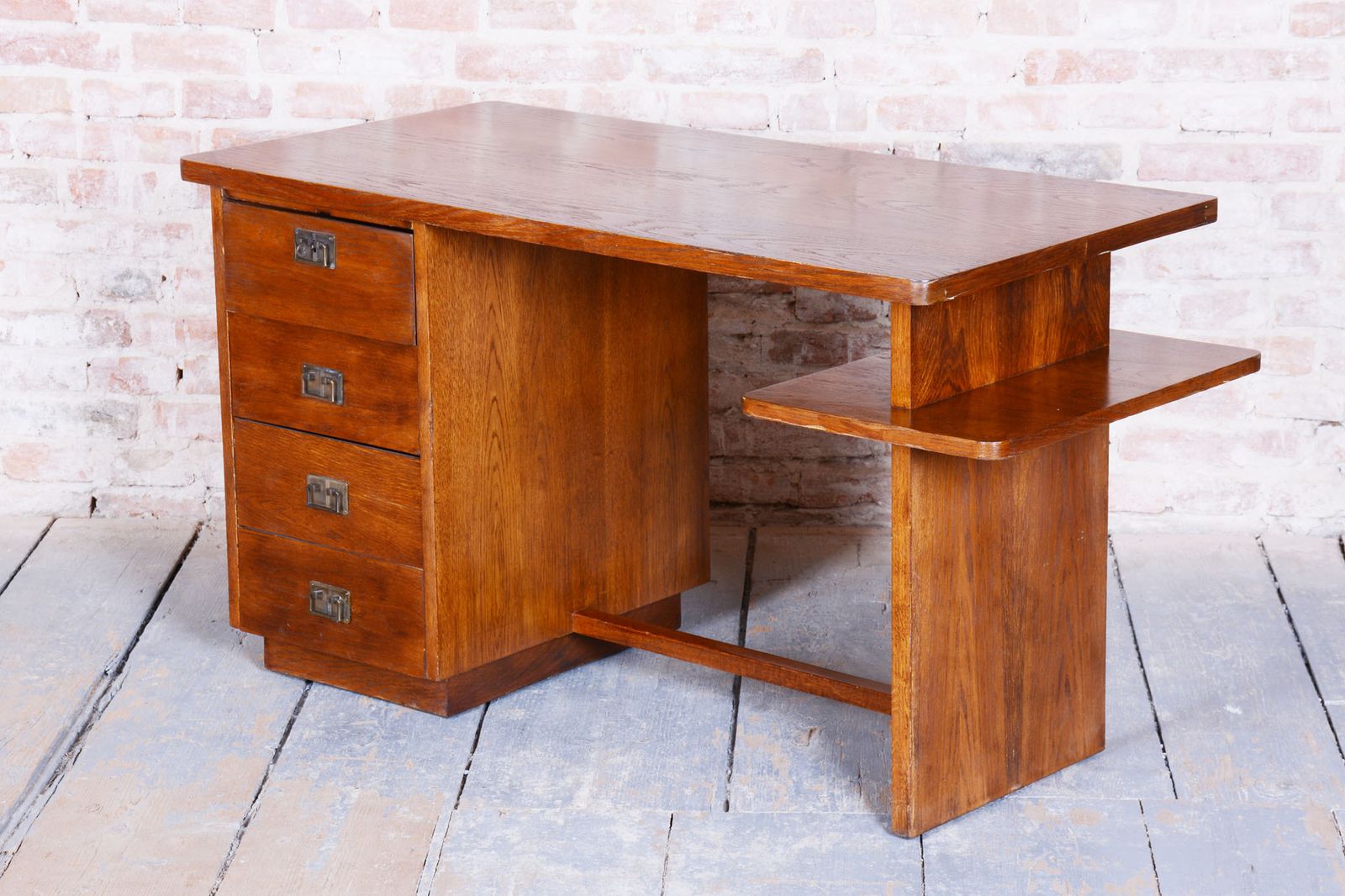 Furniture Restored Art Deco Writing Desk, J. Halabala, Up Zavody, Oak, Beech, Czech, 1930s photo