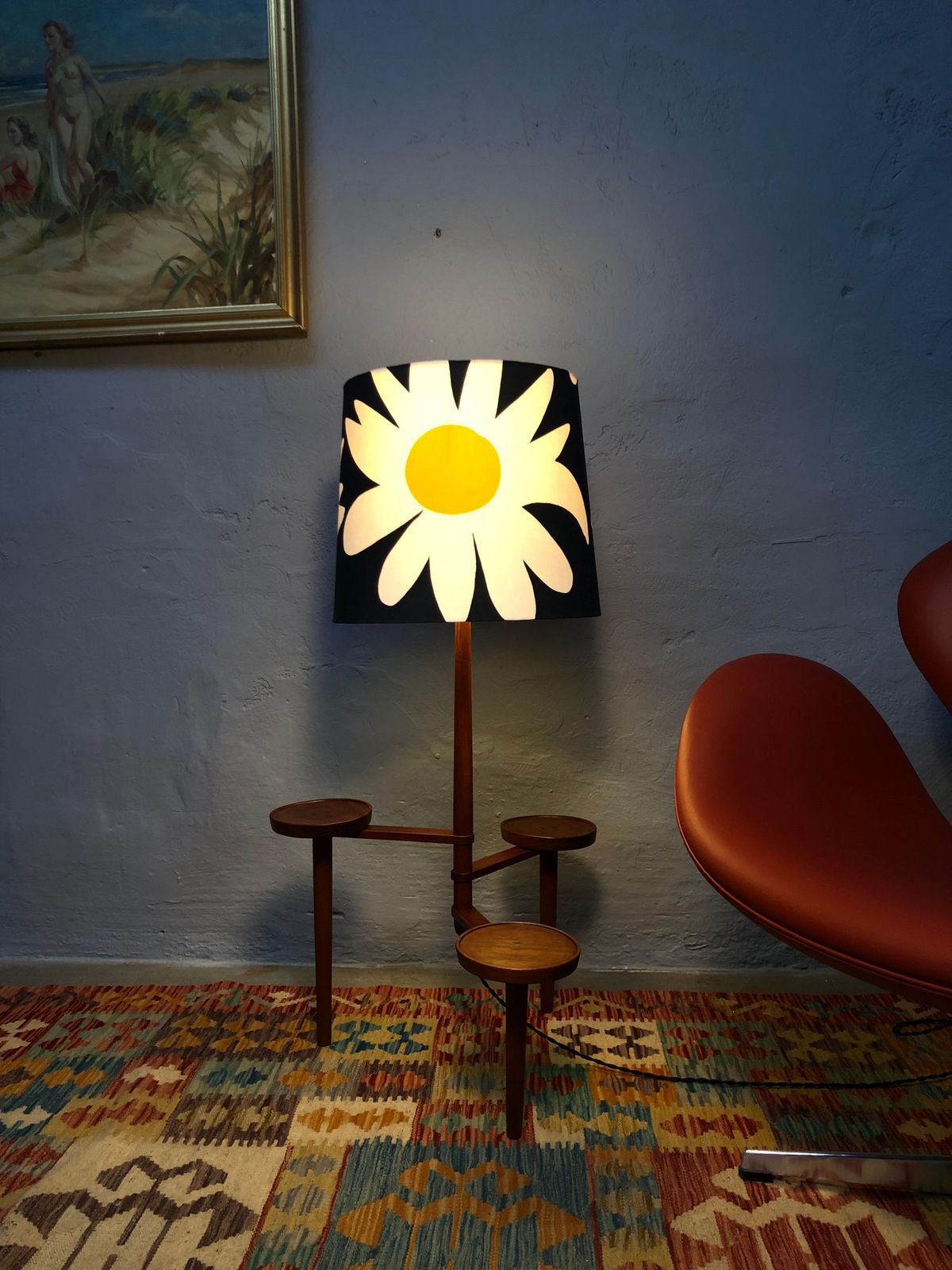 Vintage Teak Floor Lamp With Maija Isola Lamp Shade photo for sale
