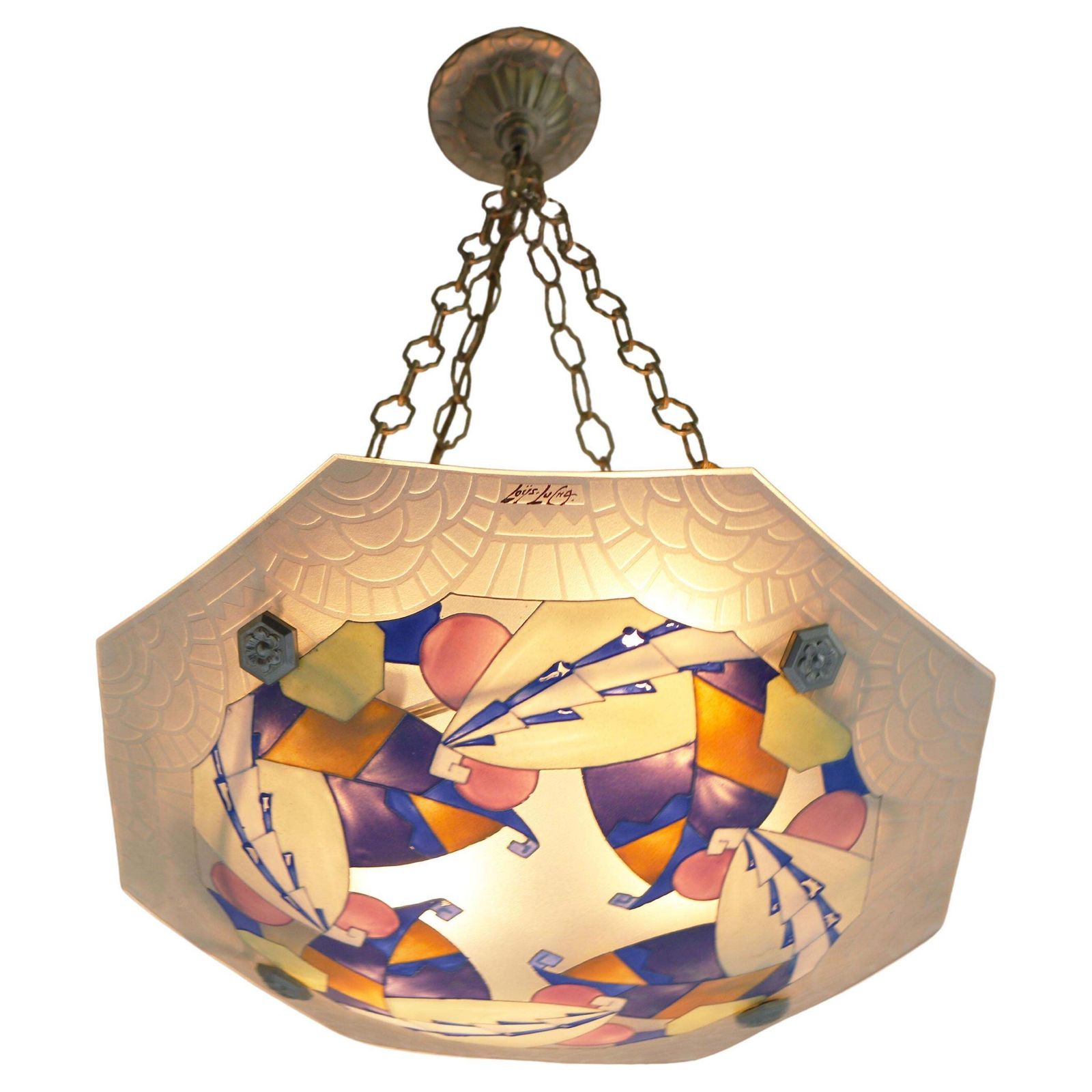 Art Deco Hanglamp Van Loys Lucha – Frans Antiek Geometrisch Emailwerk, 1930