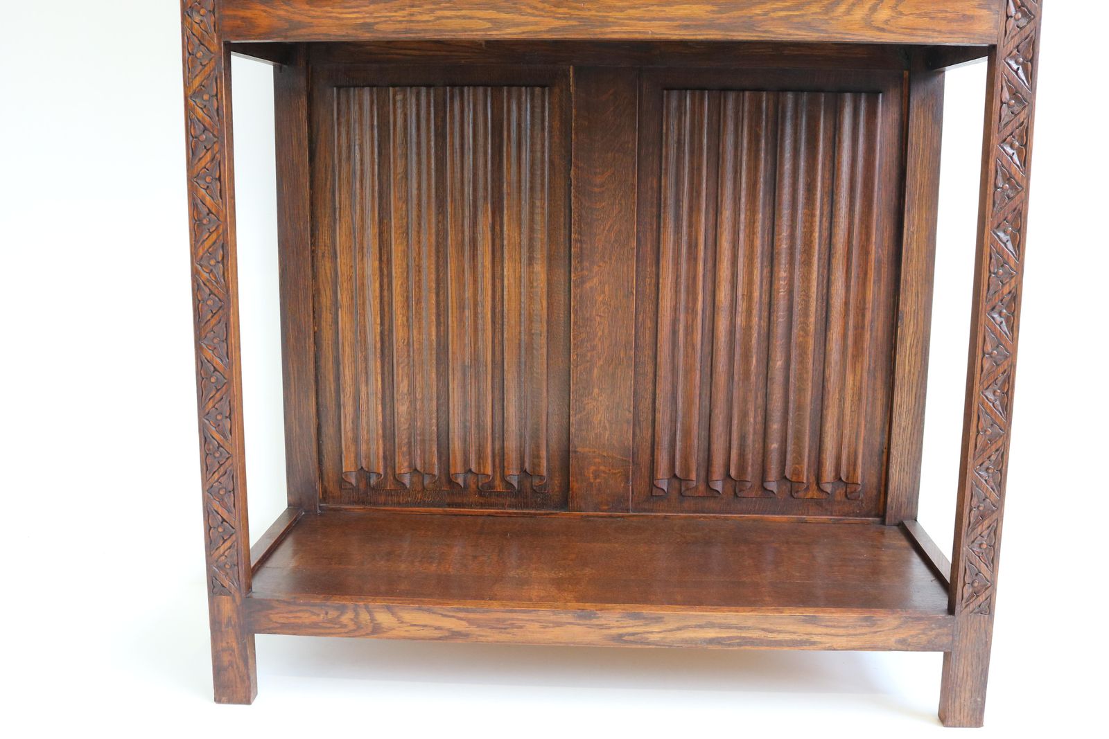 photo for sale Antique Gothic Revival Oak Carved Dry Bar / Drinks Cabinet Church Windows Arches
