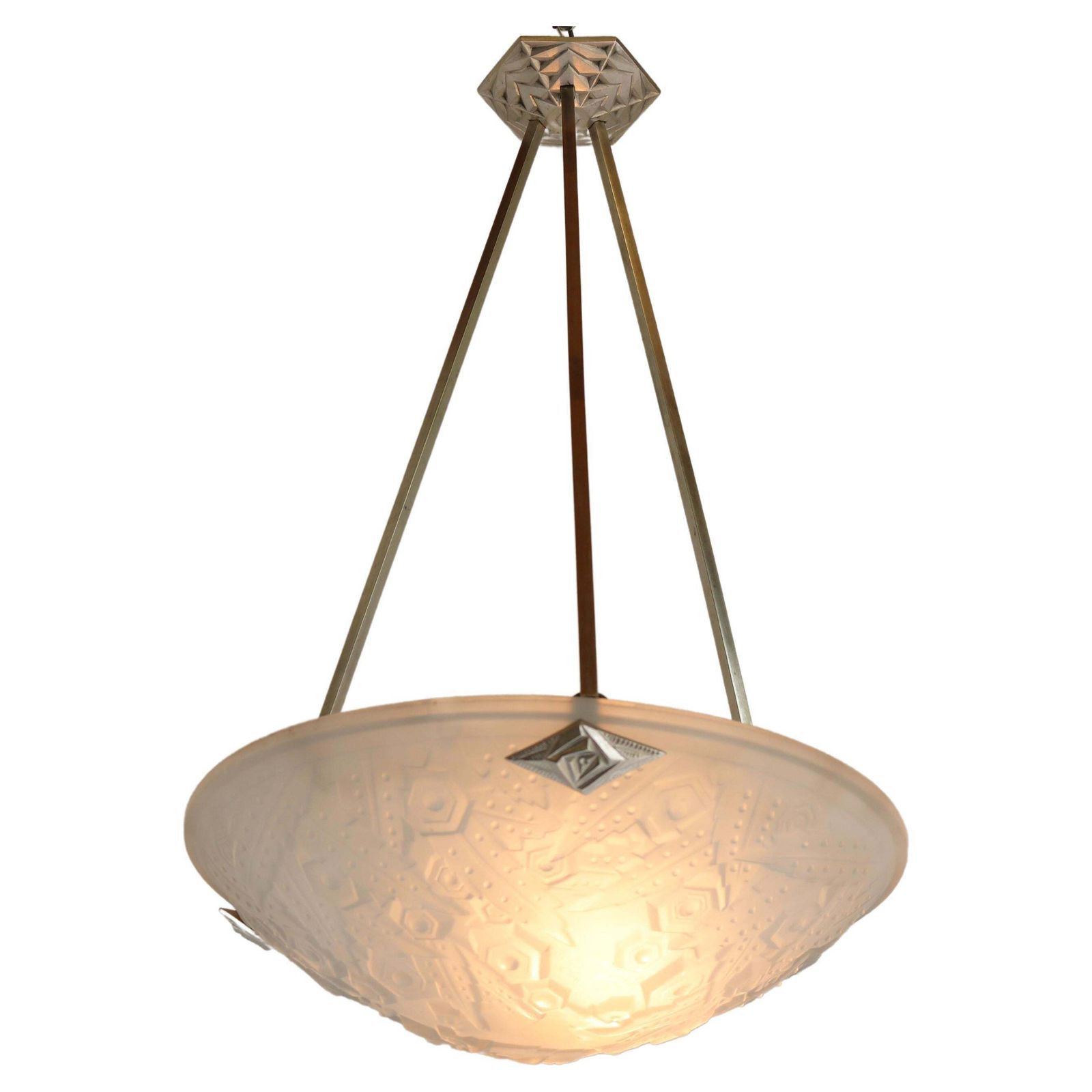 Antique French Art Deco Pendant / Chandelier By Muller Freres White Glass 1930
