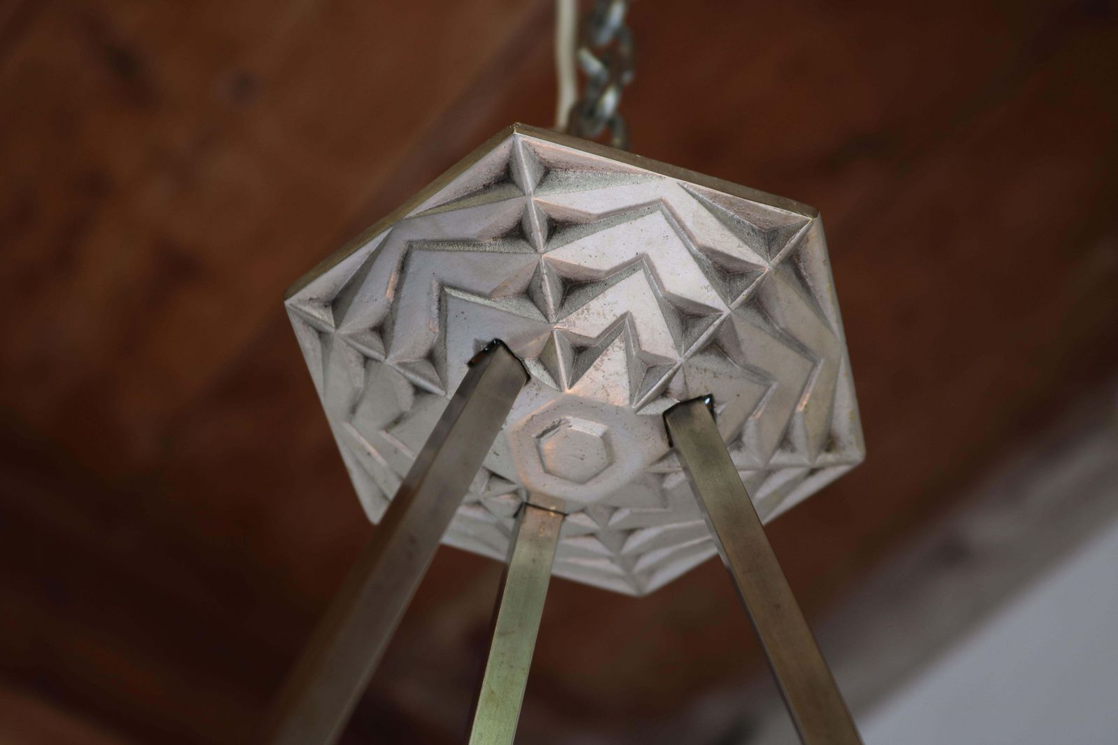 Lighting Antique French Art Deco Pendant / Chandelier By Muller Freres White Glass 1930 photo