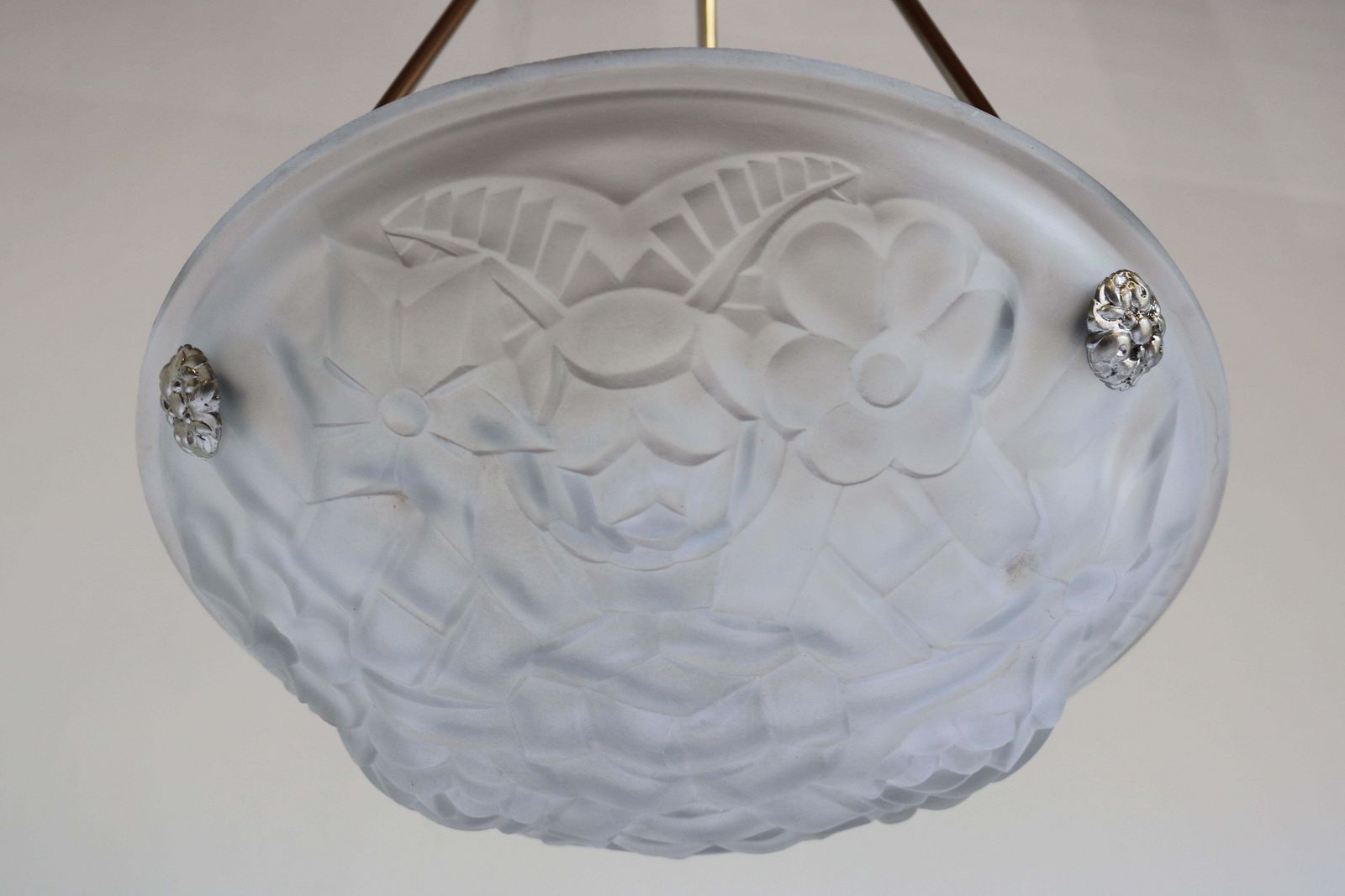 Art Deco Hanglamp / Kroonluchter Van David Gueron Degue, 1930, Bloemmotieven, Matglas photo for sale