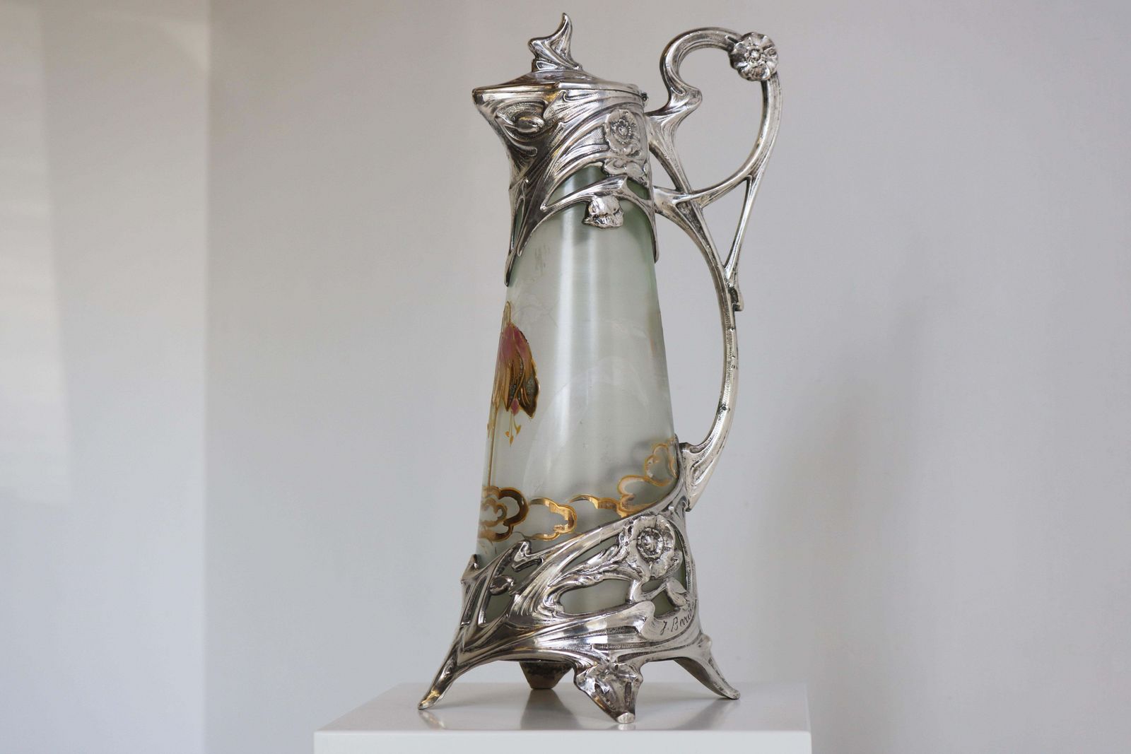Franse Art Nouveau Karaf / Kan In Verzilverd Glas Door J. Barian, 1900 photo for sale
