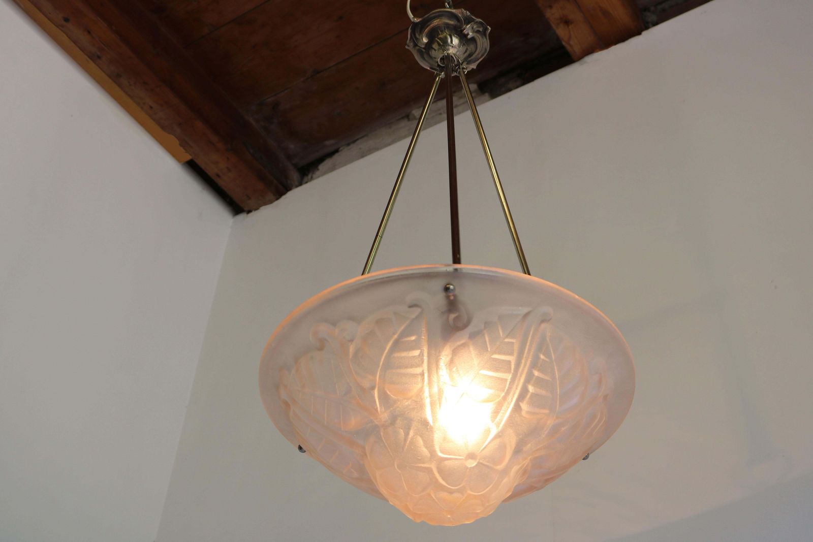 Antique Art Deco / Art Nouveau Floral Pendant Chandelier By Degue 1930 Soft Pink photo vintage