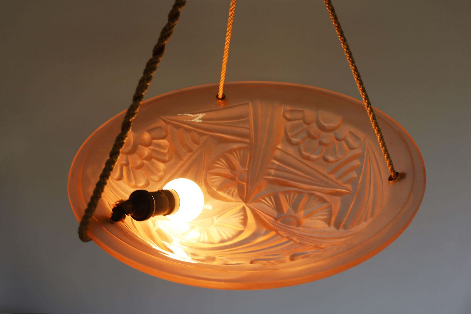 French Art Deco Chandelier Signed By Degue Pink Glass Lamp 1930 Antique France photo vintage
