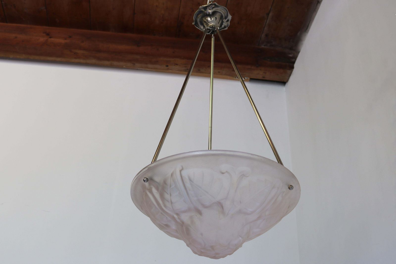 photo vinterior Antique Art Deco / Art Nouveau Floral Pendant Chandelier By Degue 1930 Soft Pink