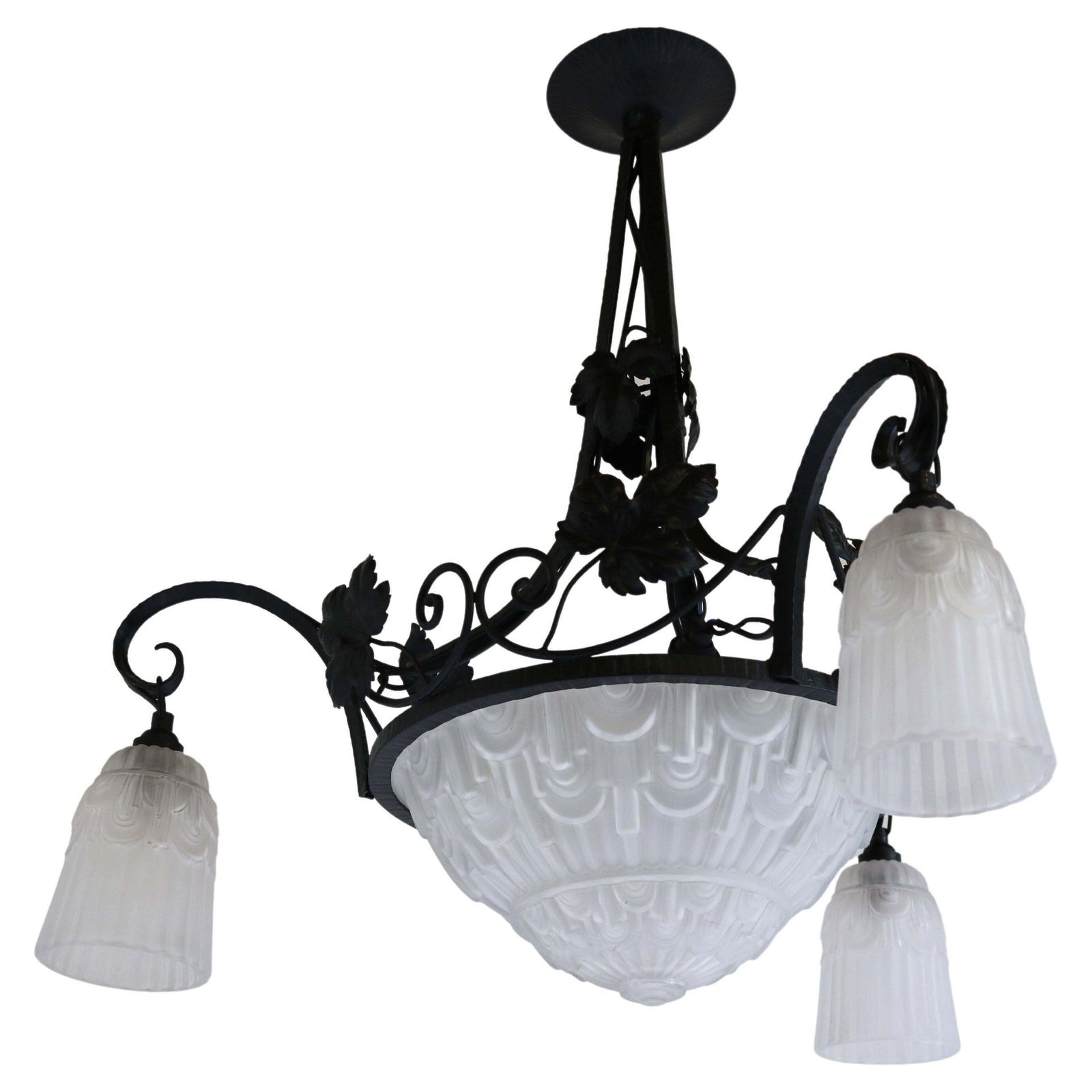 French Antique Wrought Iron Art Deco Chandelier 1930 Frosted Glass Geometric