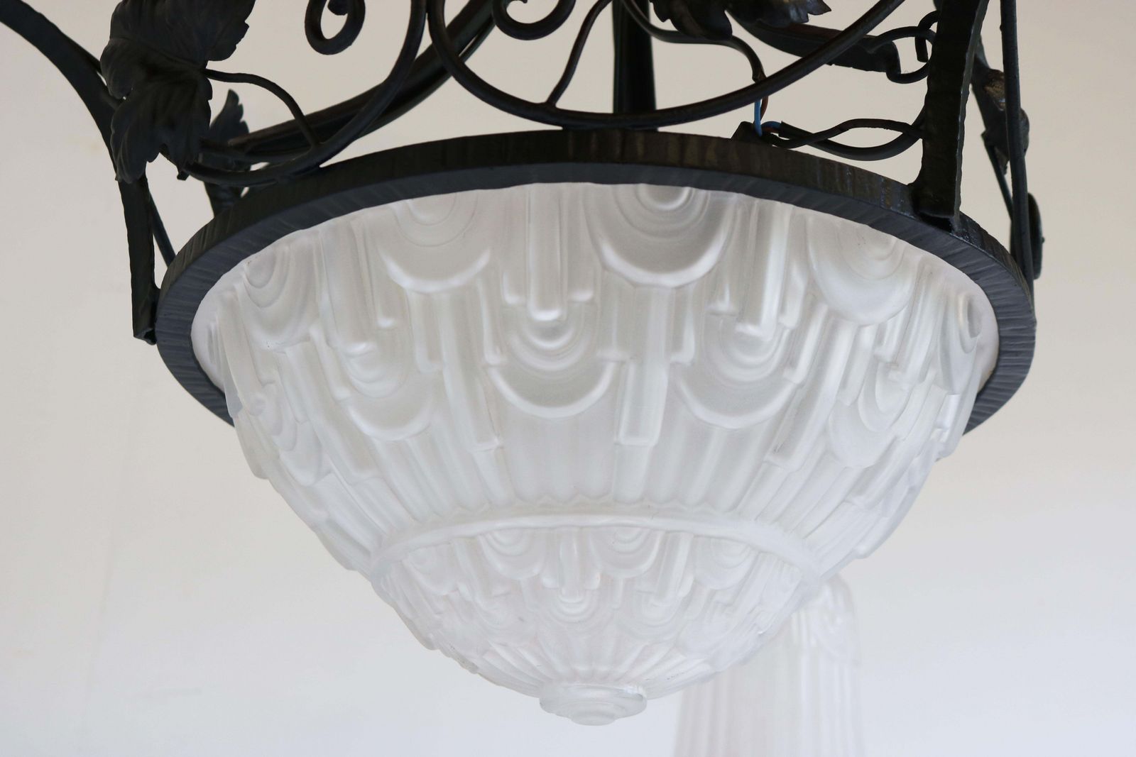 French Antique Wrought Iron Art Deco Chandelier 1930 Frosted Glass Geometric photo Lighting