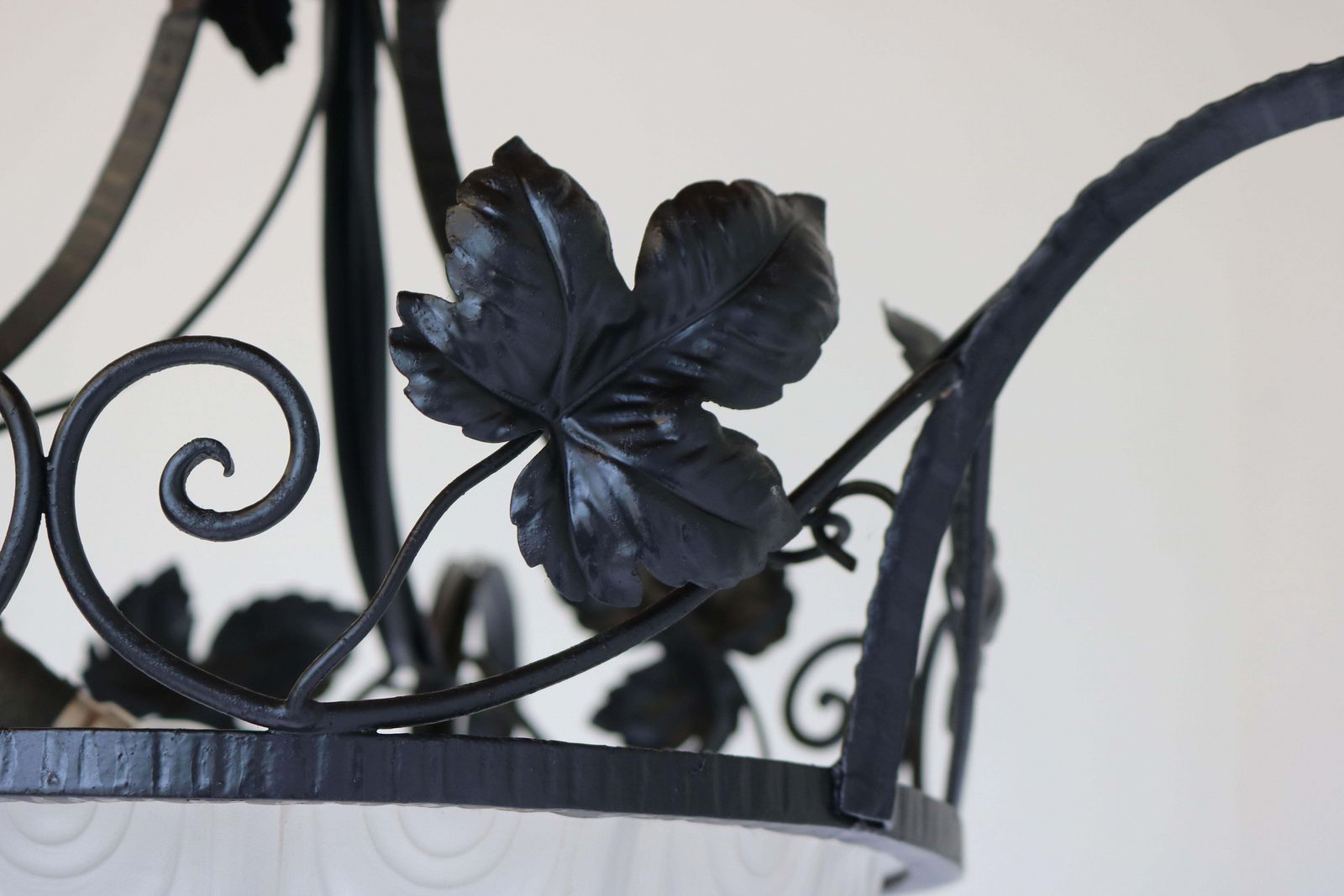 French Antique Wrought Iron Art Deco Chandelier 1930 Frosted Glass Geometric photo vinterior