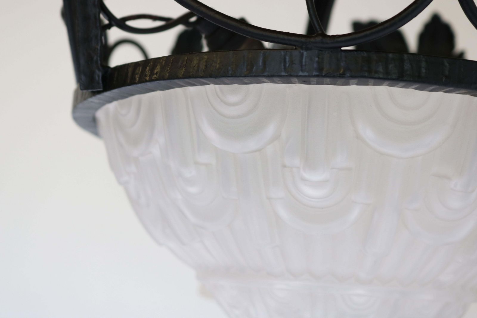 photo for sale French Antique Wrought Iron Art Deco Chandelier 1930 Frosted Glass Geometric