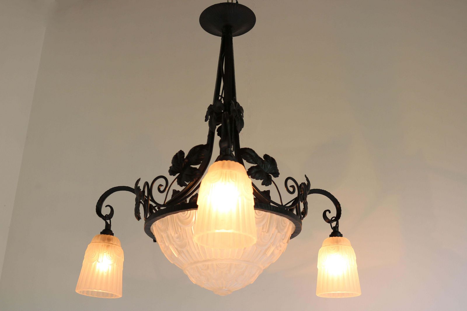 1616.0 French Antique Wrought Iron Art Deco Chandelier 1930 Frosted Glass Geometric photo
