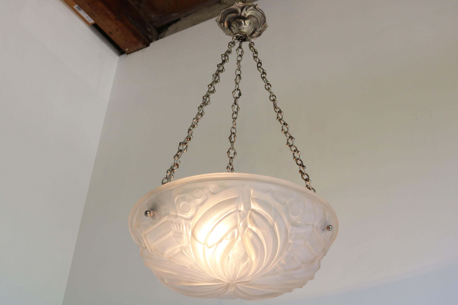 photo vintage Witte Geometrische Art Deco Hanglamp, Frankrijk 1930, Toegeschreven Aan Henry Mouynet